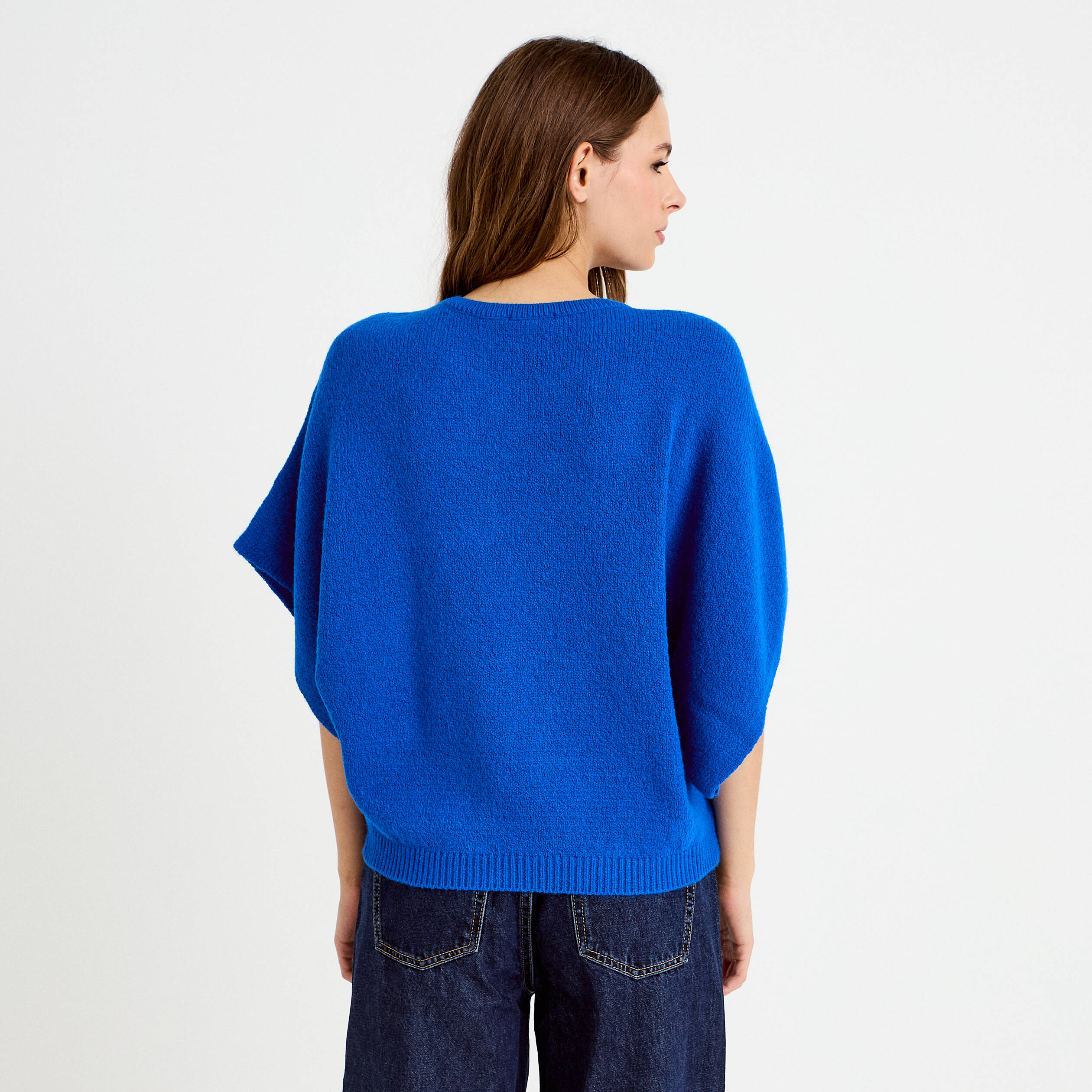 Pull oversize col rond manches courtes bleu electrique femme