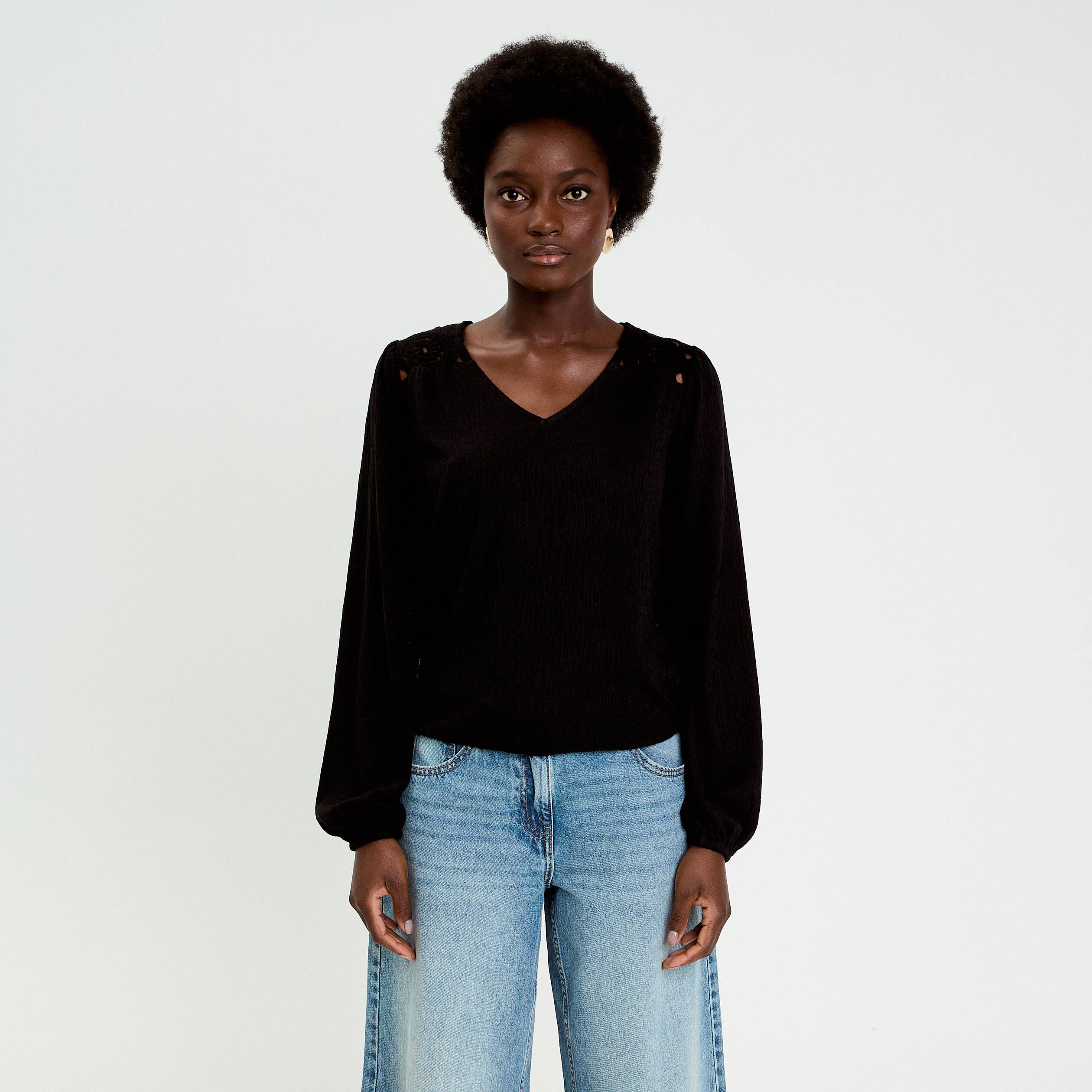 Blouse macram&eacute; bas &eacute;lastiqu&eacute; noir femme