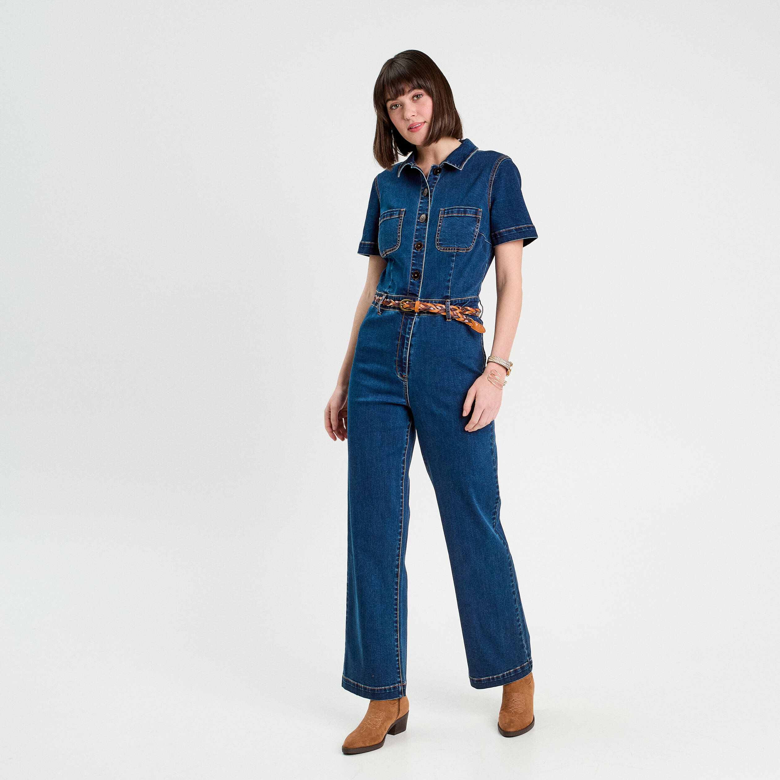 Combinaison pantalon en jean denim brut femme