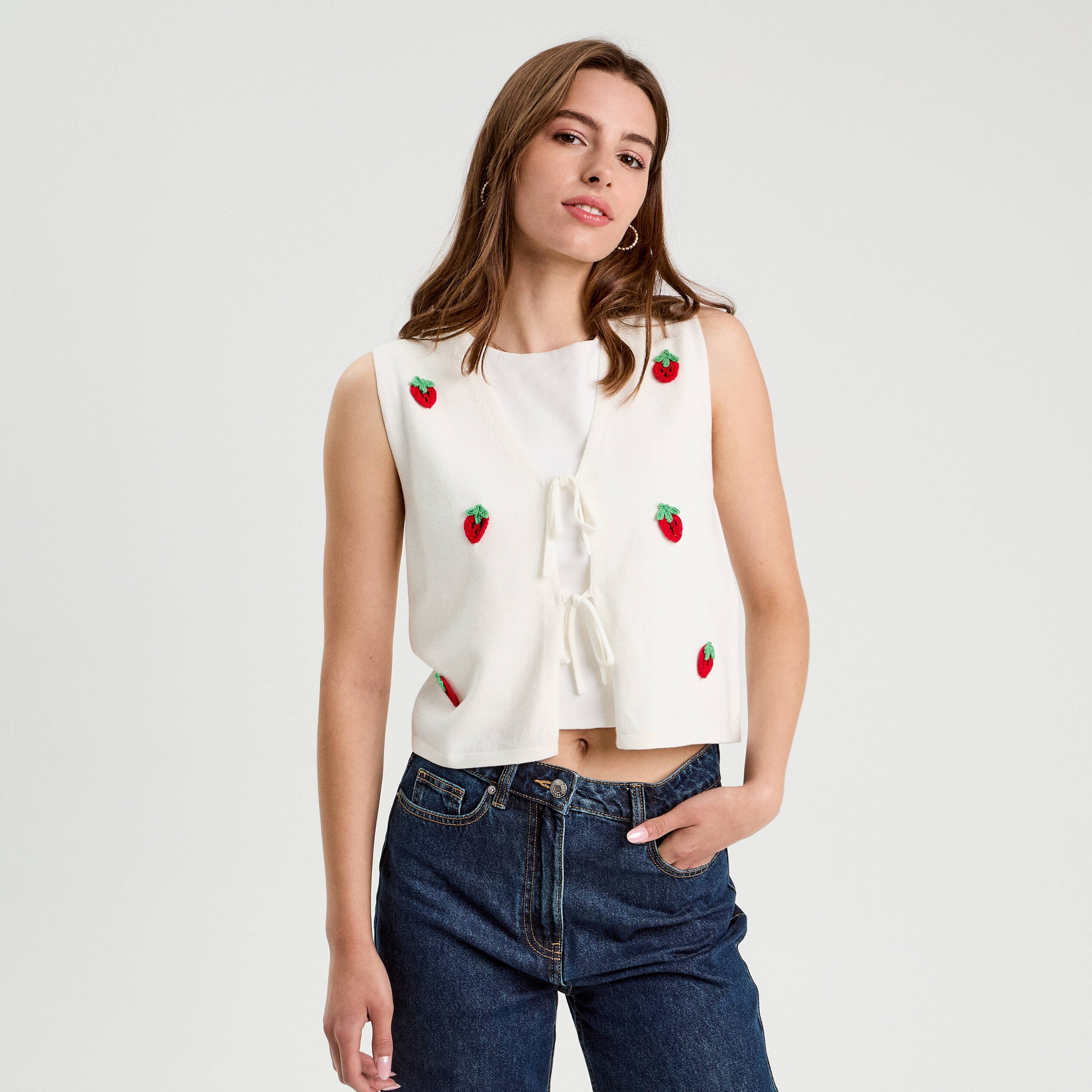 gilet noue sans manches ecru femme Gilet noué sans manches ecru femme