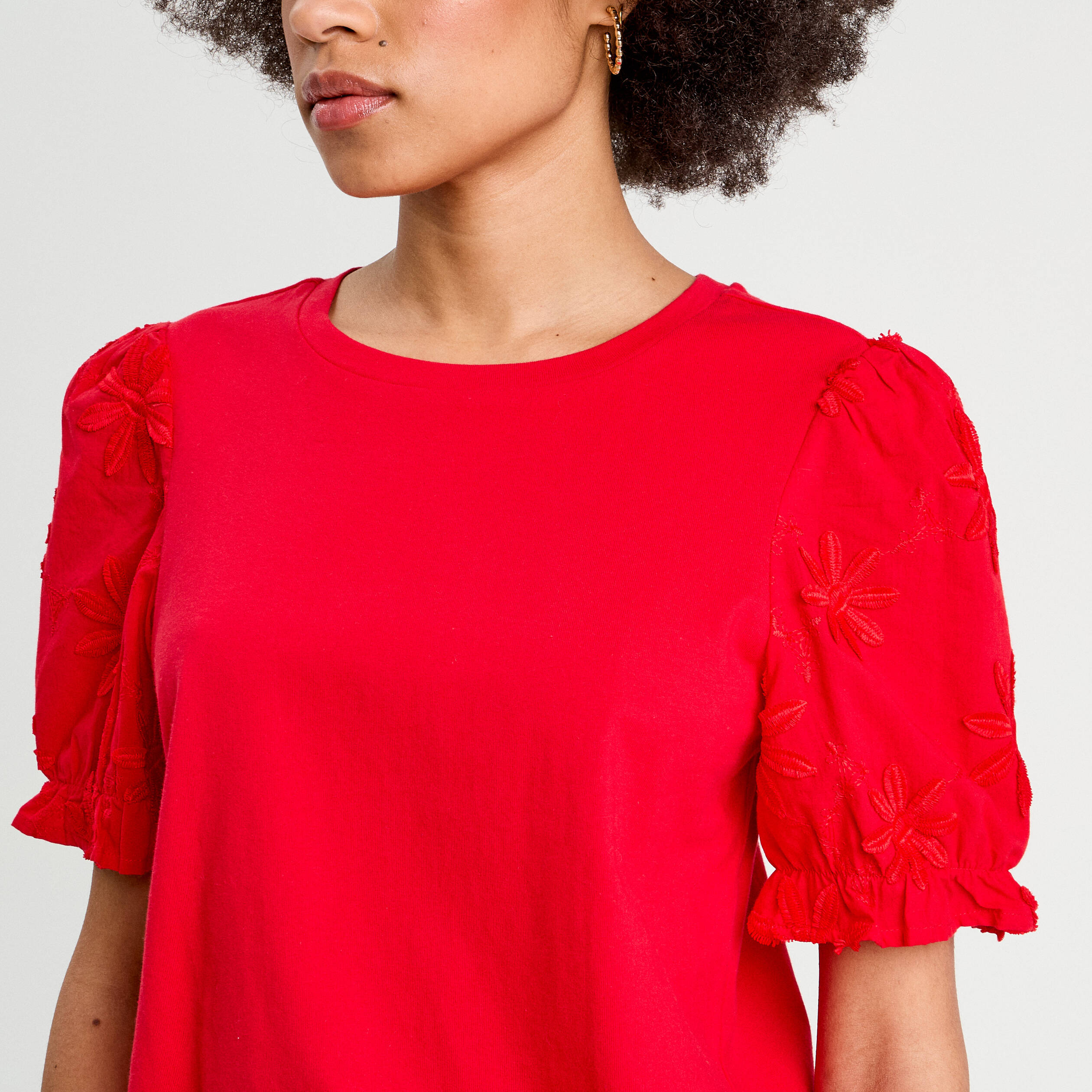 t shirt manches brodees rouge femme T-shirt manches brodées rouge femme