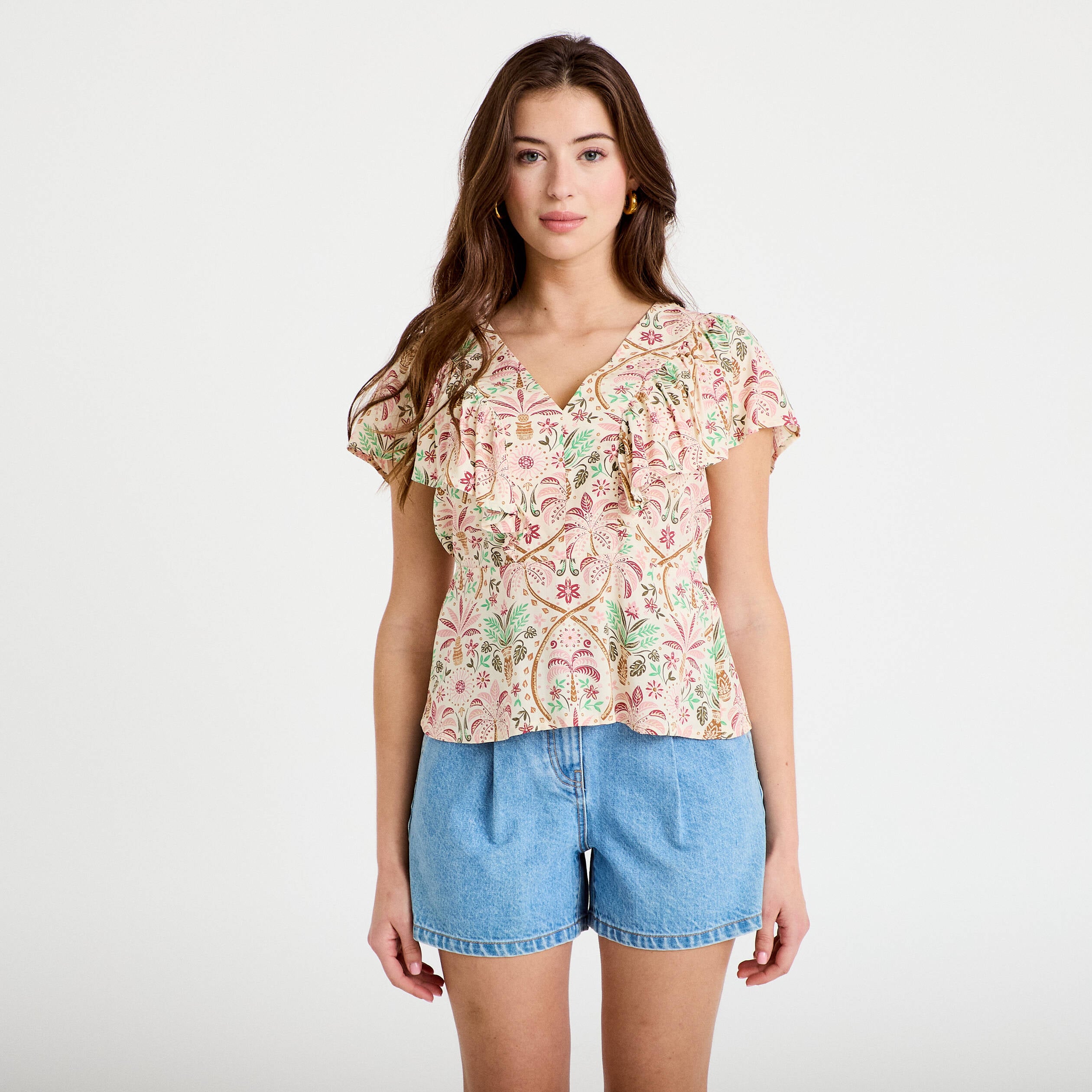 Blouse col v manches courtes blanc femme