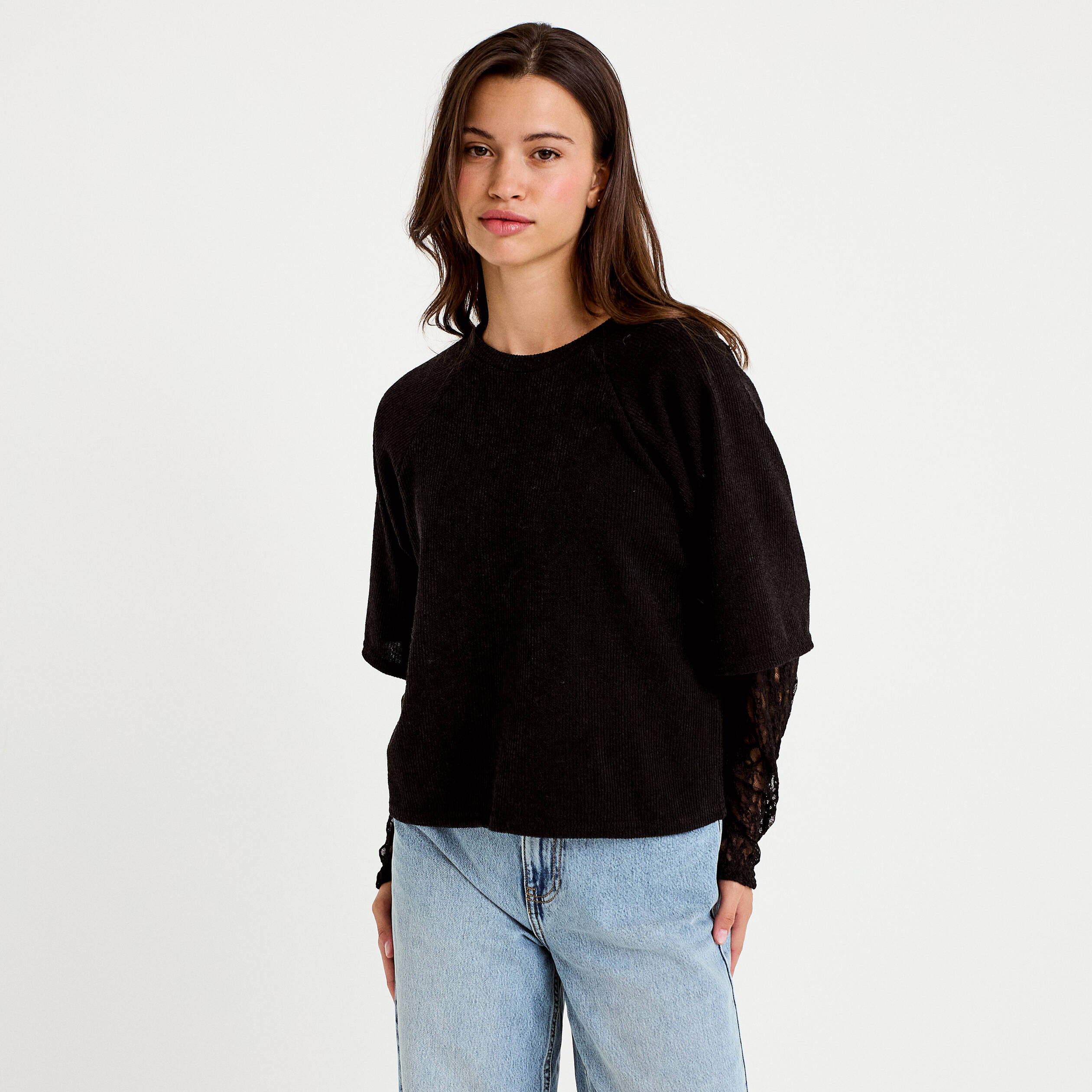 Top bi-mati&egrave;re dentelle col rond noir femme