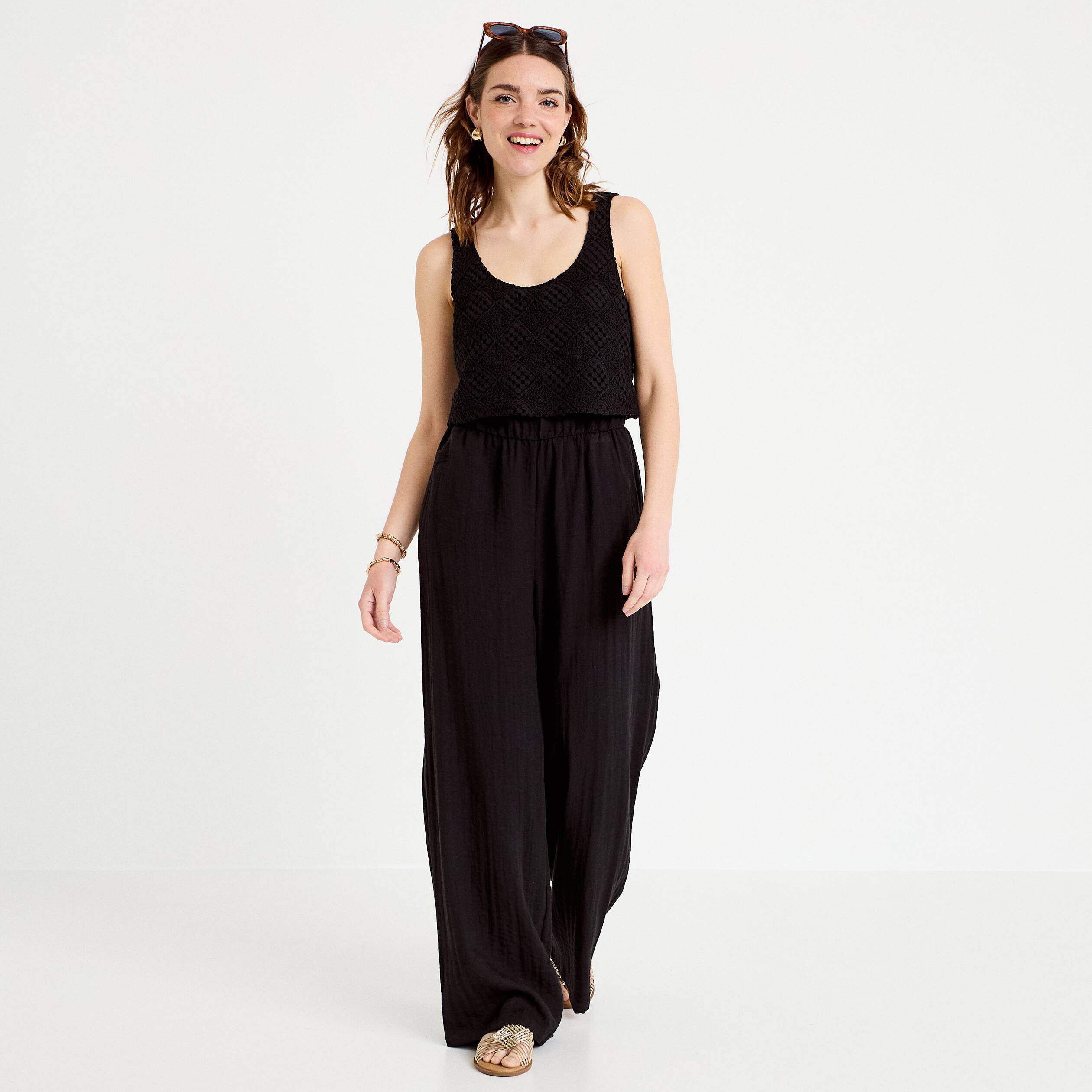 Combinaison bi-mati&egrave;re coupe large noir femme