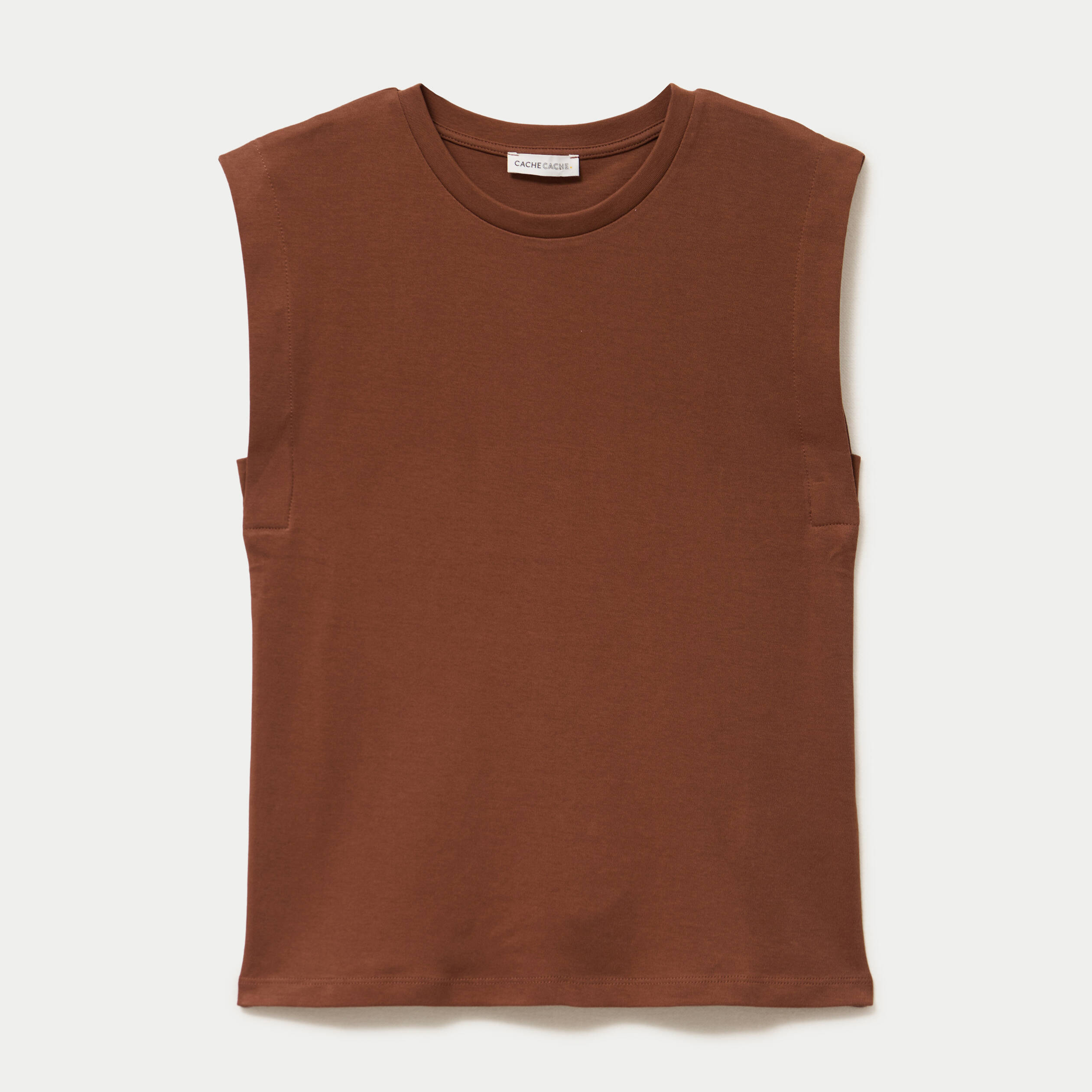 T-shirt col rond sans manches marron femme