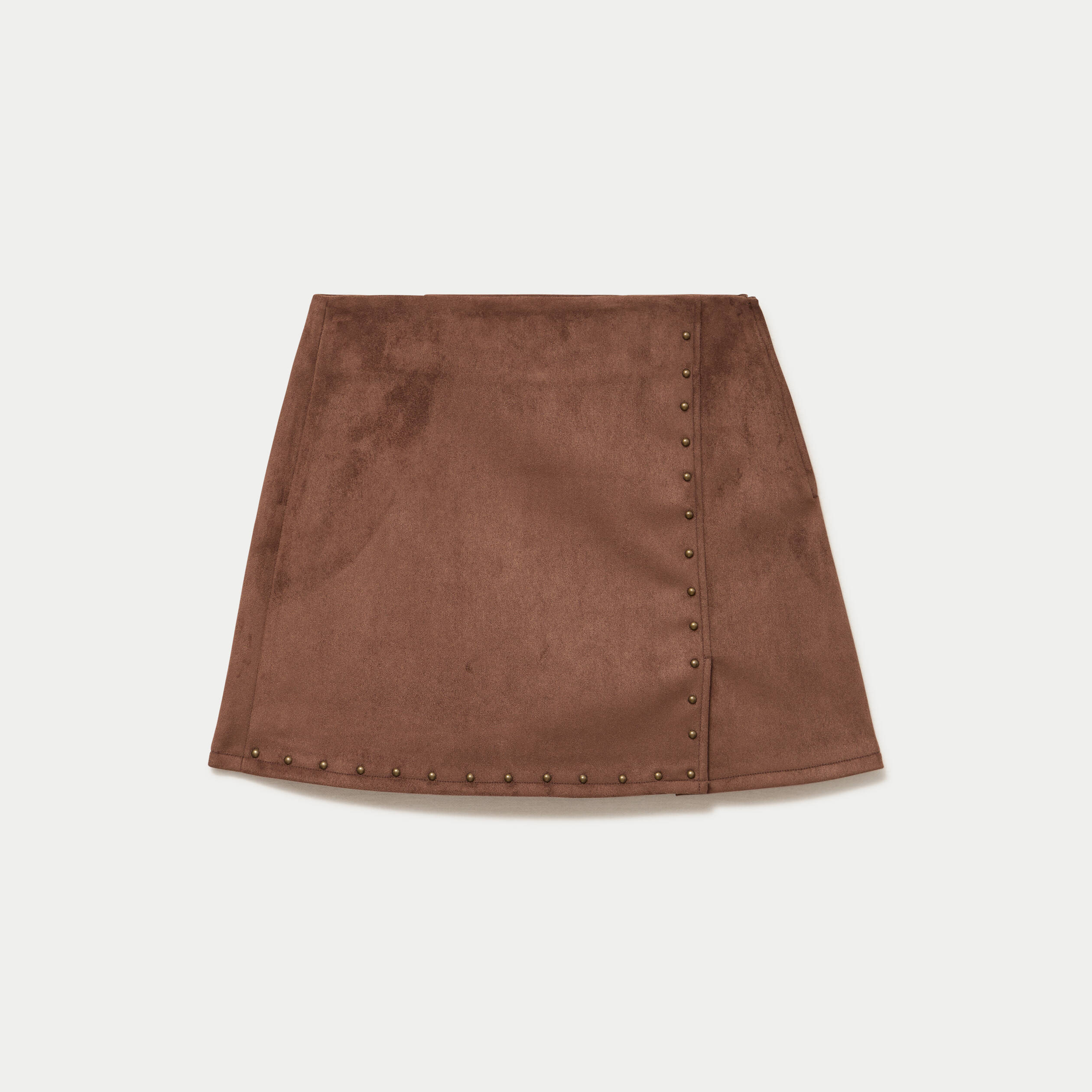 Jupe-short trap&egrave;ze taille haute daim marron femme
