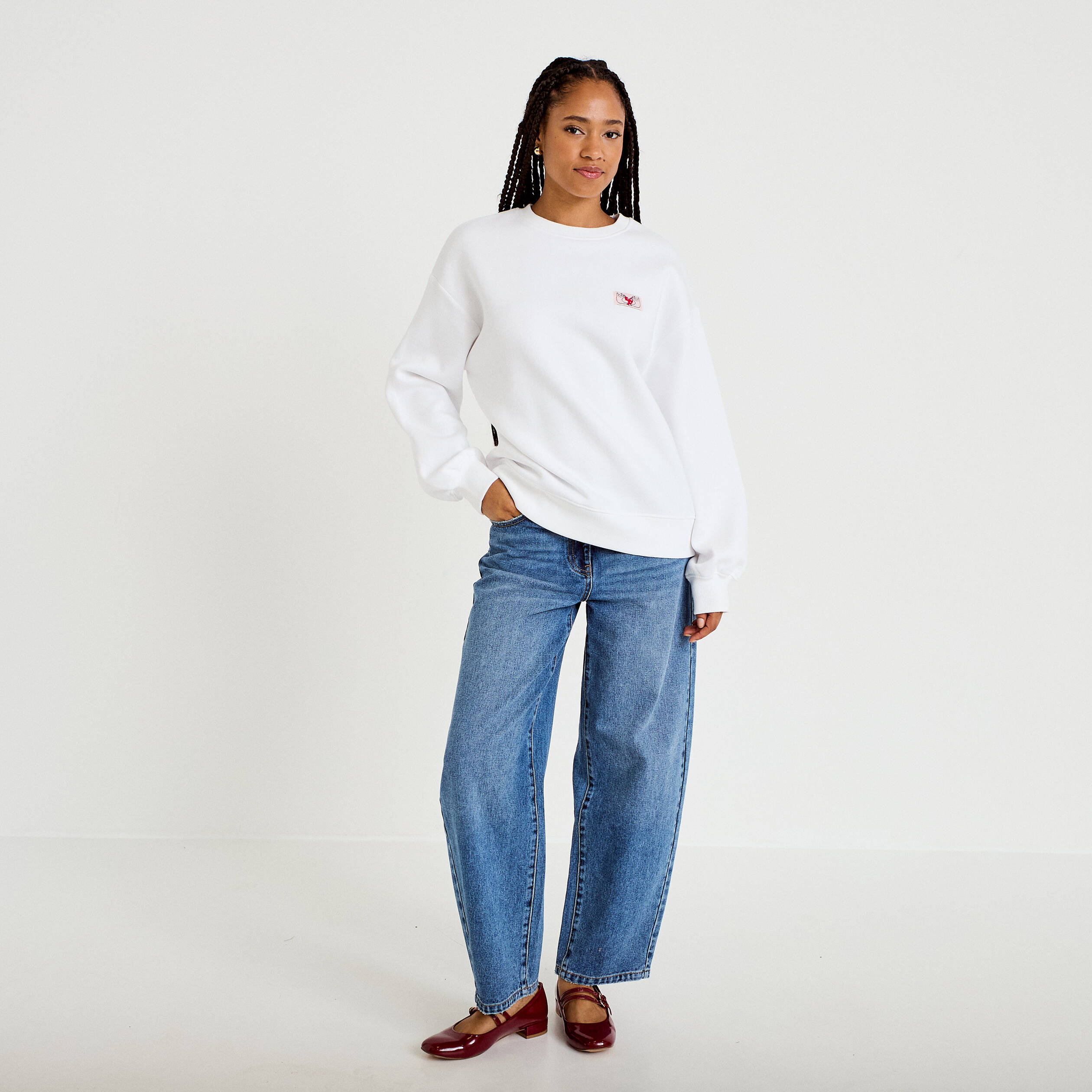 Sweat oversize col rond manches longues blanc femme