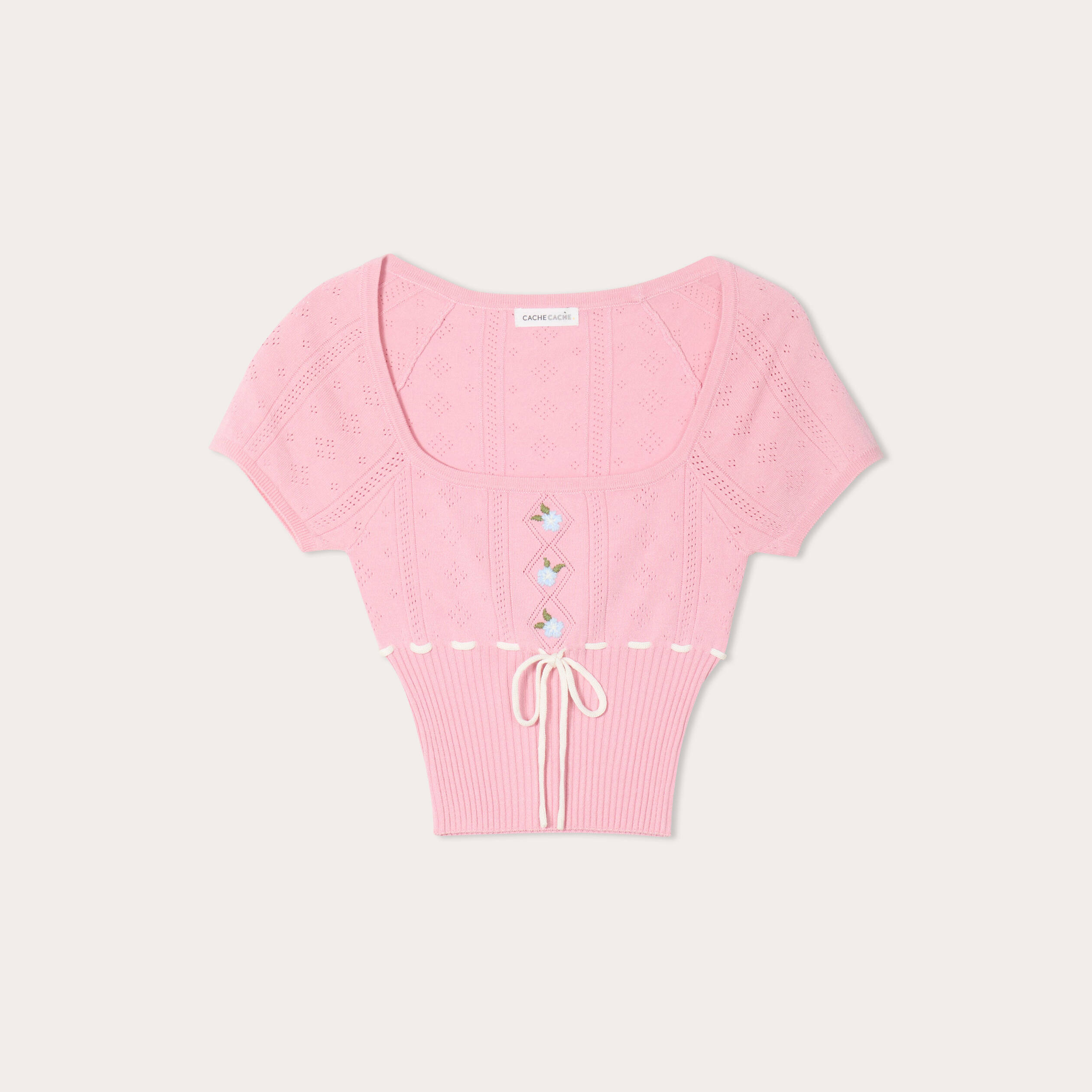 Pull cropped brod&eacute; rose poudr&eacute;e femme