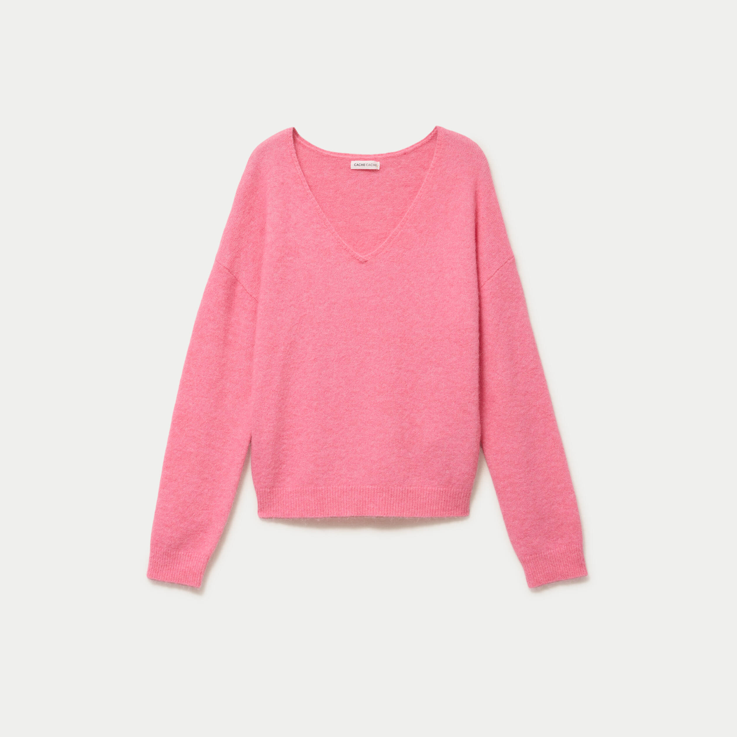Pull avec col en V rose vif femme