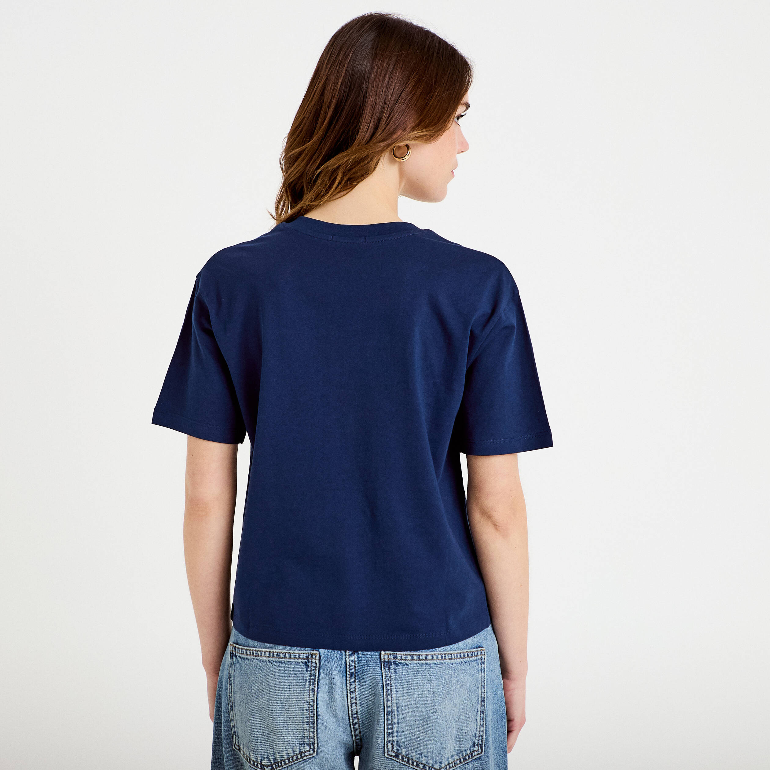 T-shirt col v manches courtes bleu fonc&eacute; femme