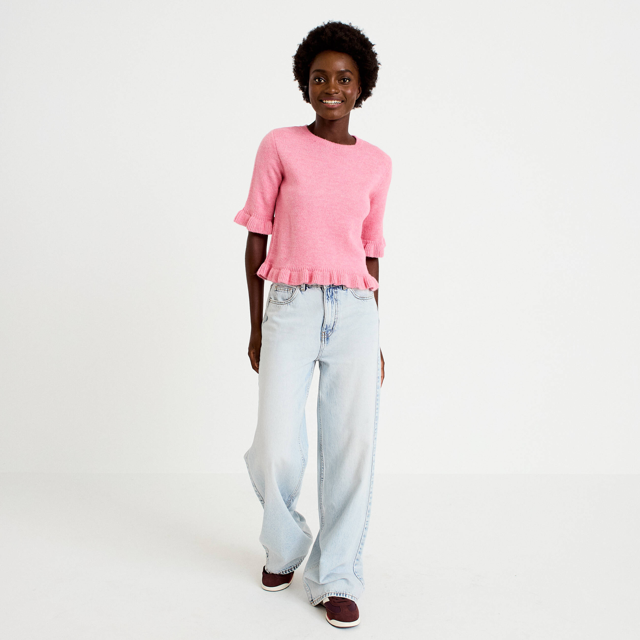 Pull col rond manches courtes rose clair femme