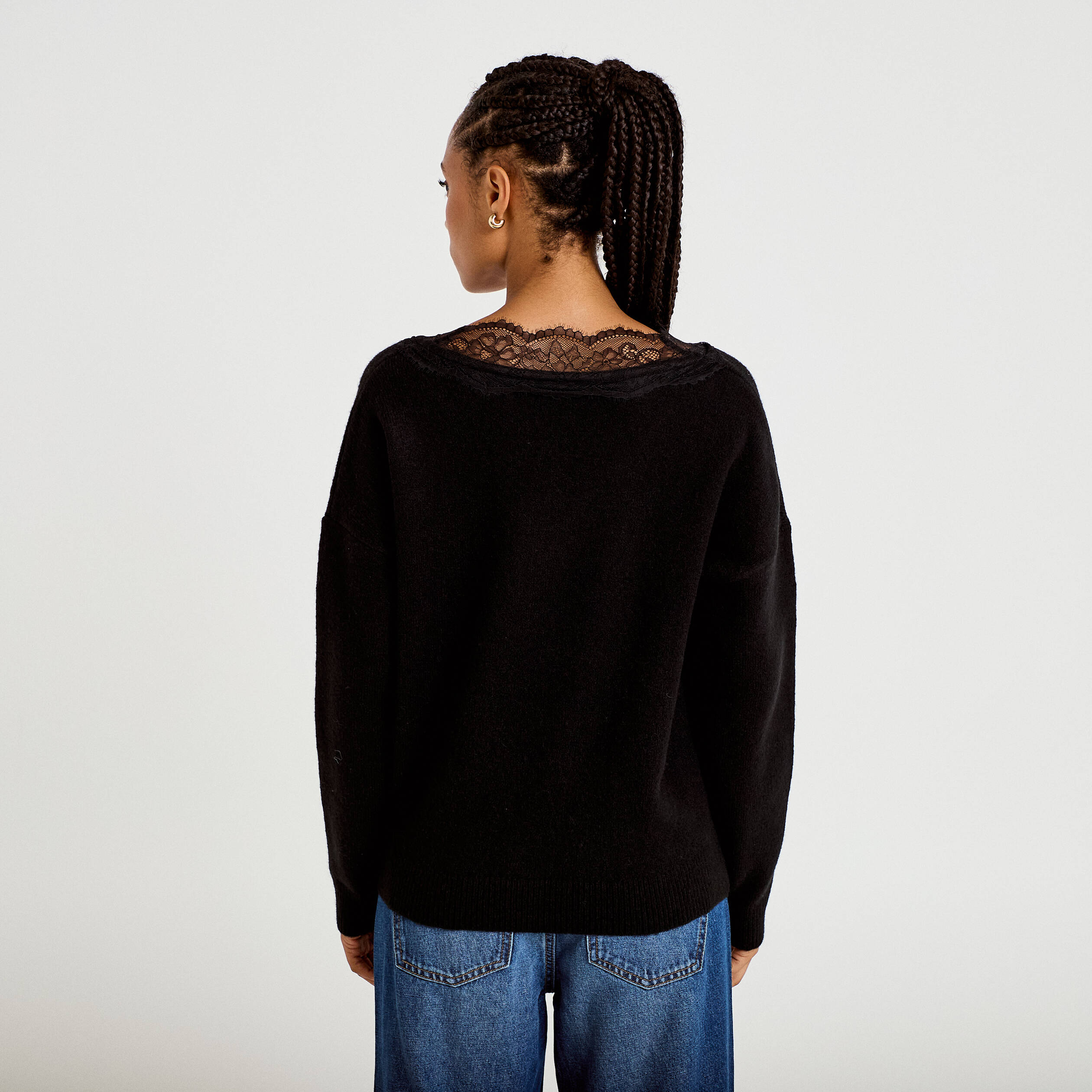 Pull col v manches longues dentelle noir femme