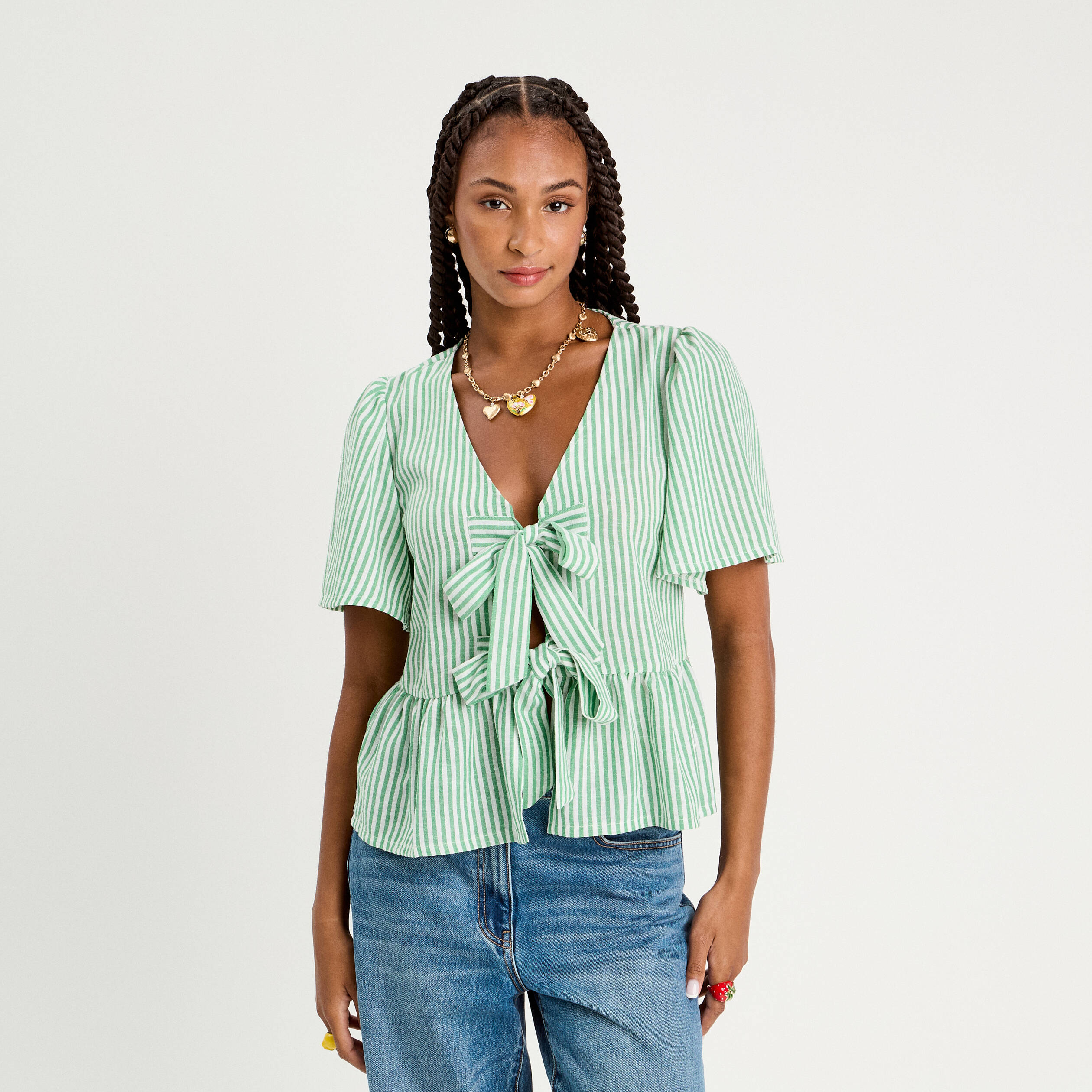 blouse manches courtes noeuds vert prairie femme Blouse manches courtes noeuds vert prairie femme