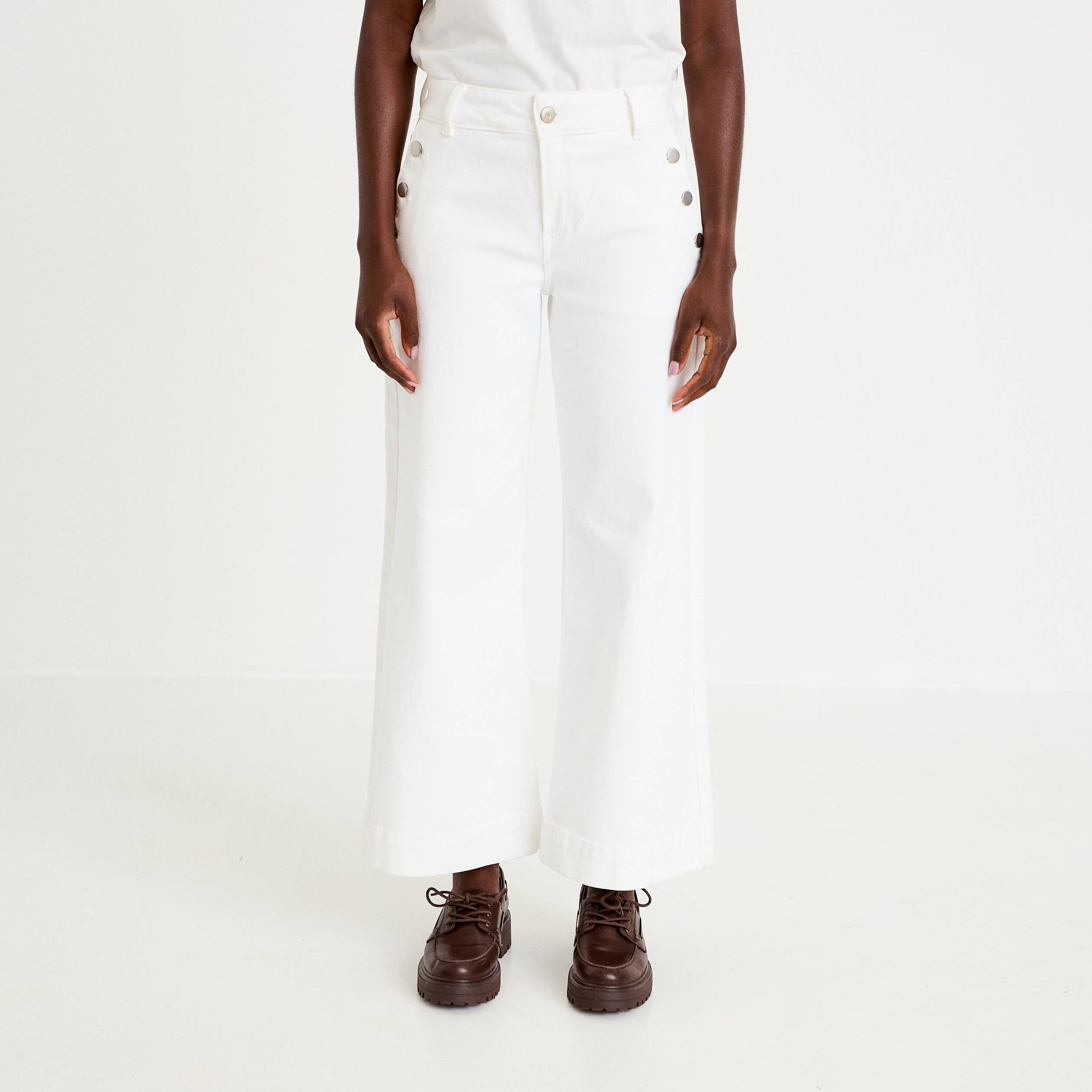 Jean wide leg cropped taille haute denim blanc femme
