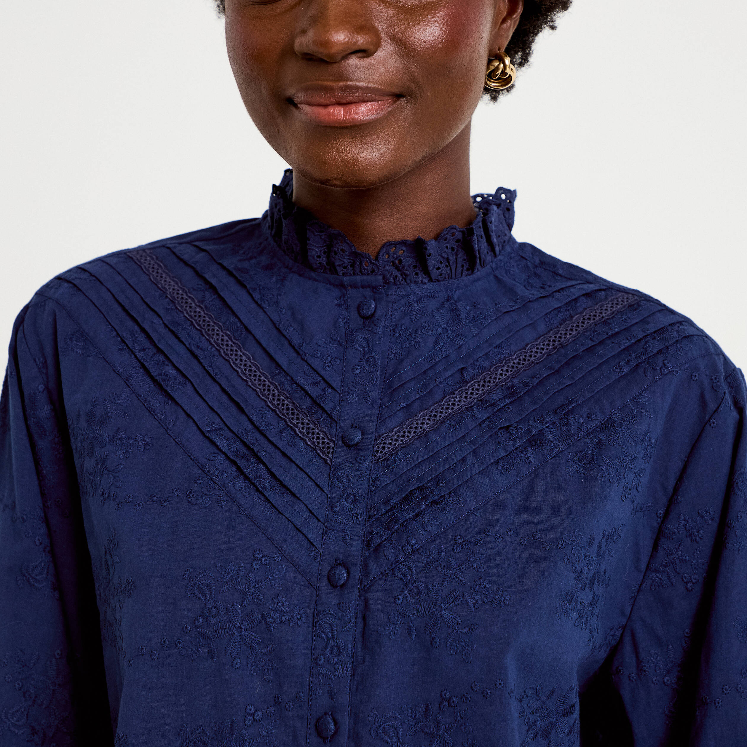 Blouse ample col montant manches longues bleu marine femme