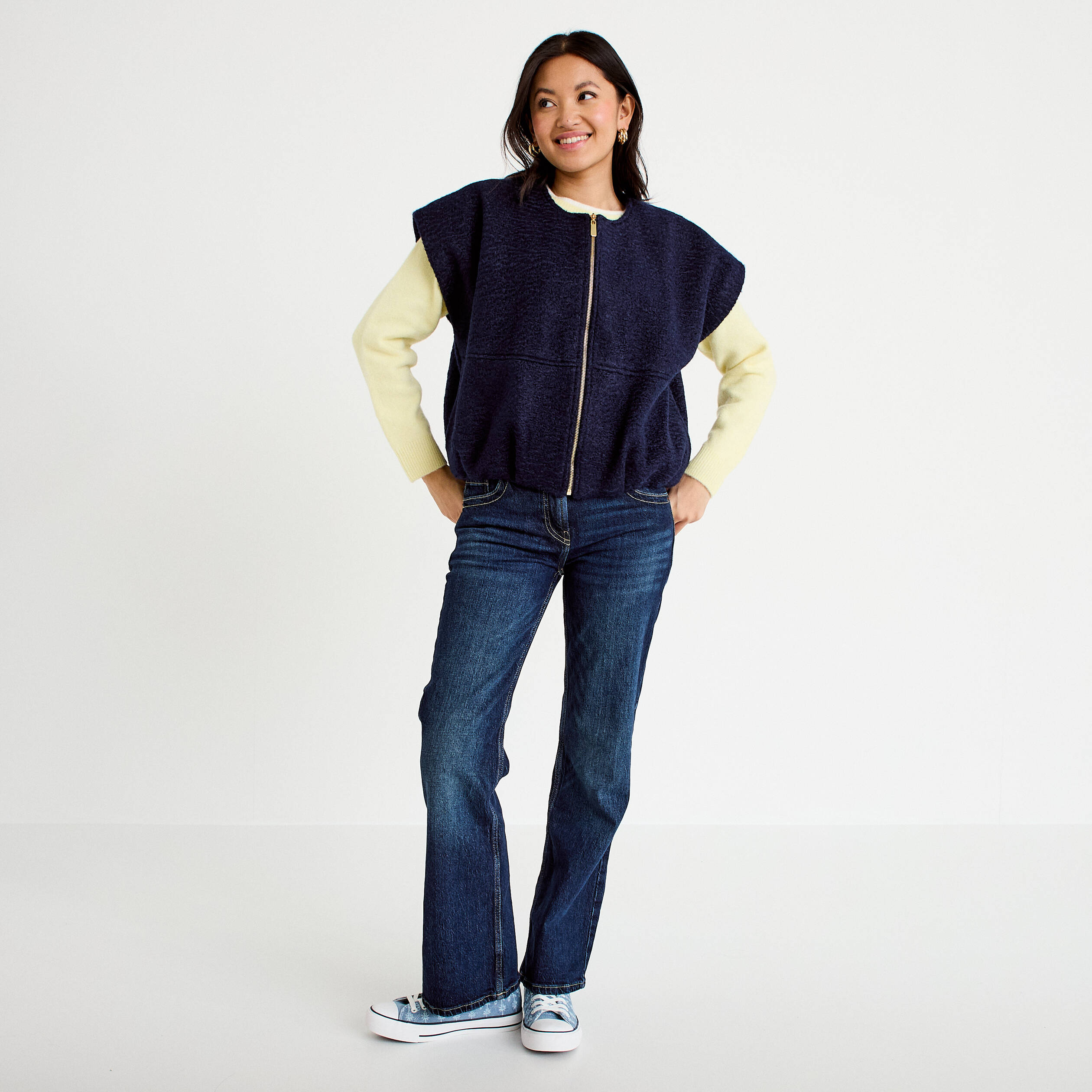 Gilet oversize sans manches col rond bleu marine femme
