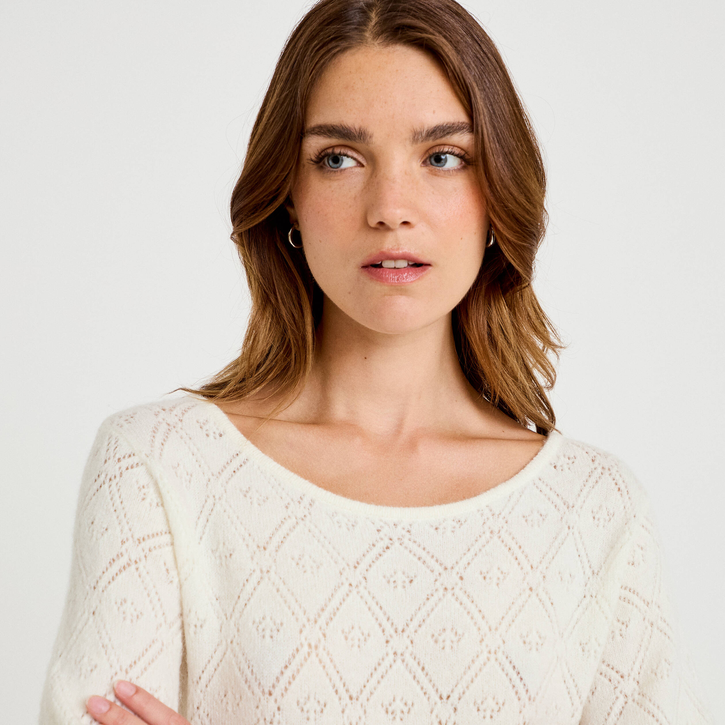 Pull ajour&eacute; col bateau manches longues ecru femme