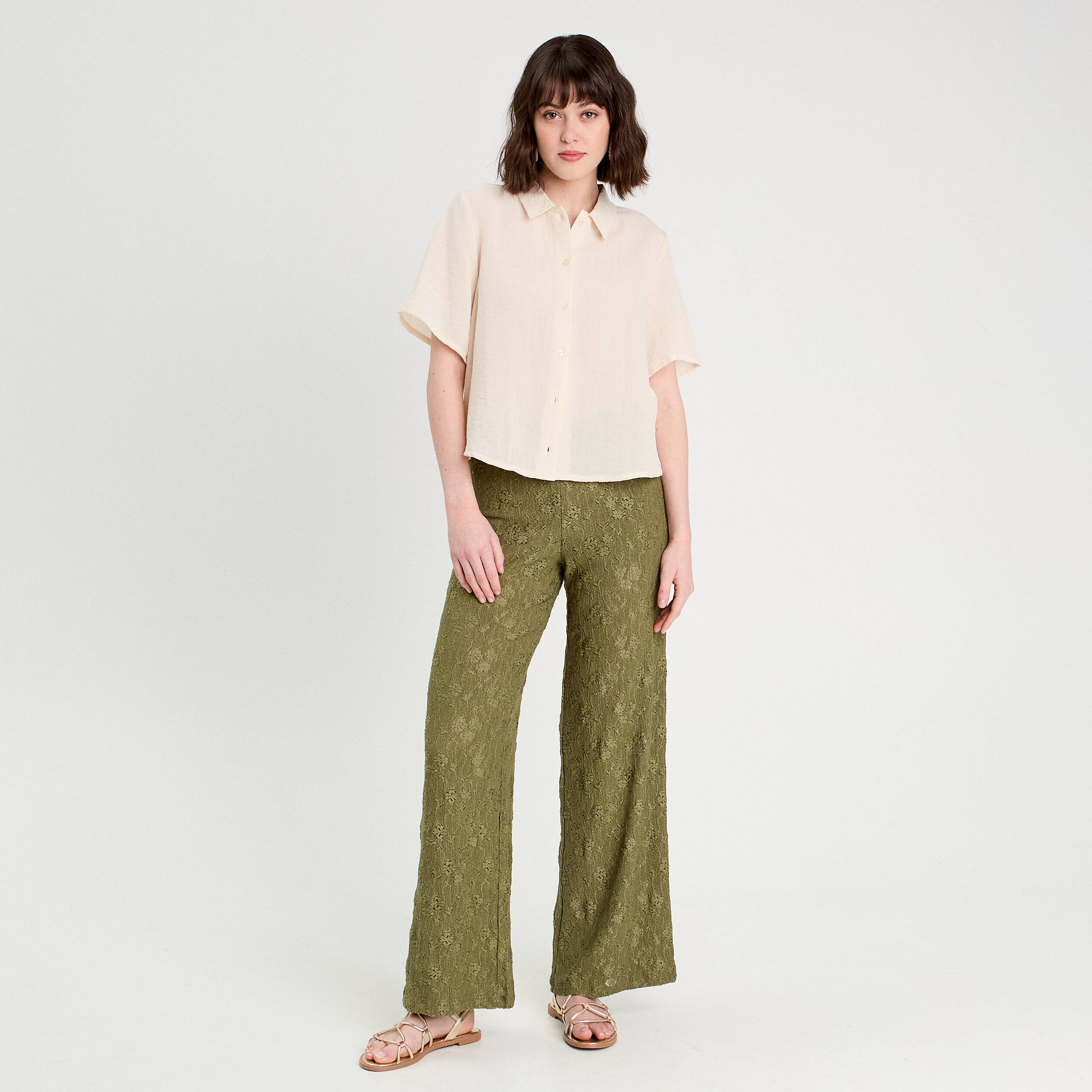 pantalon large ajoure vert kaki femme Pantalon large ajouré vert kaki femme
