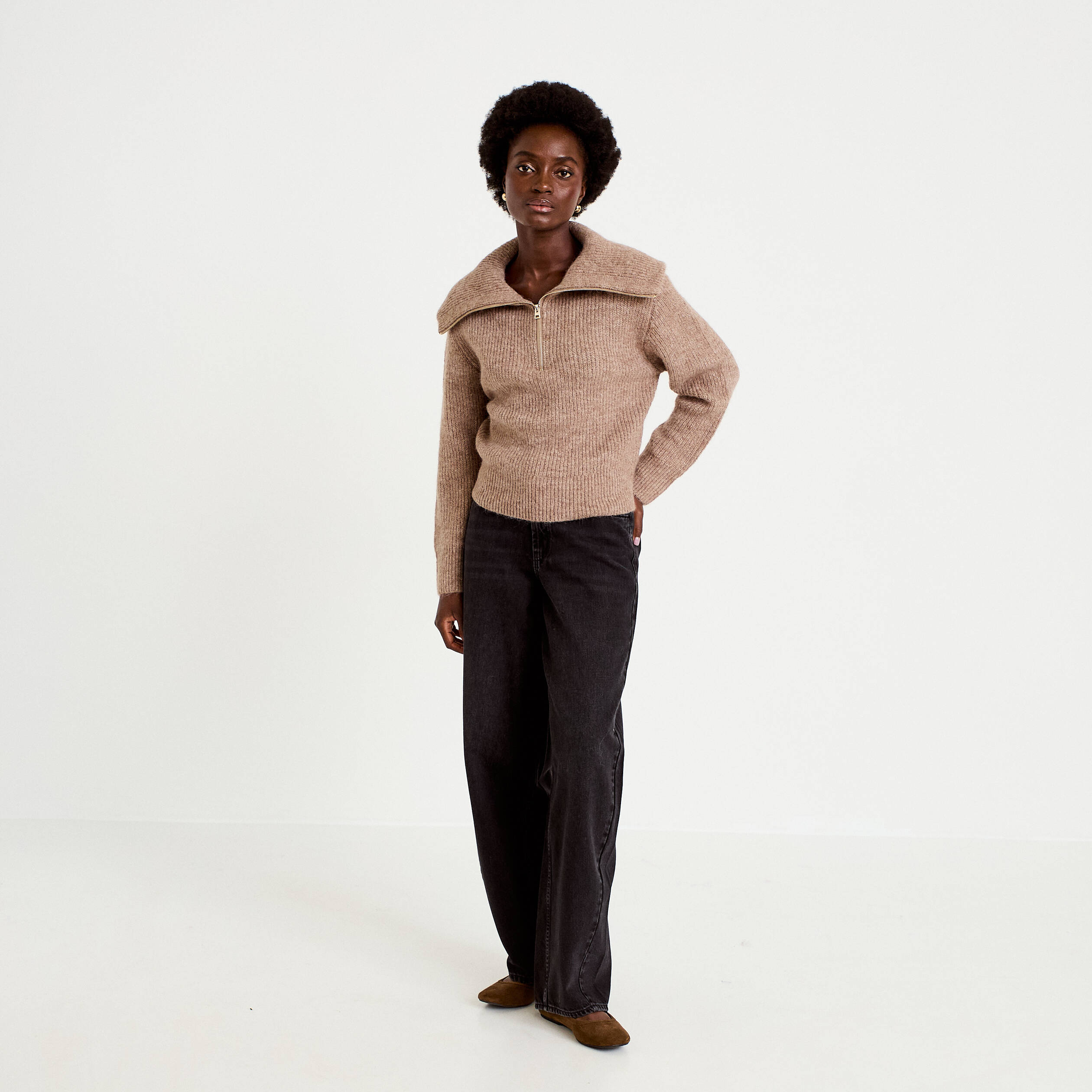 Pull col camionneur manches longues beige femme