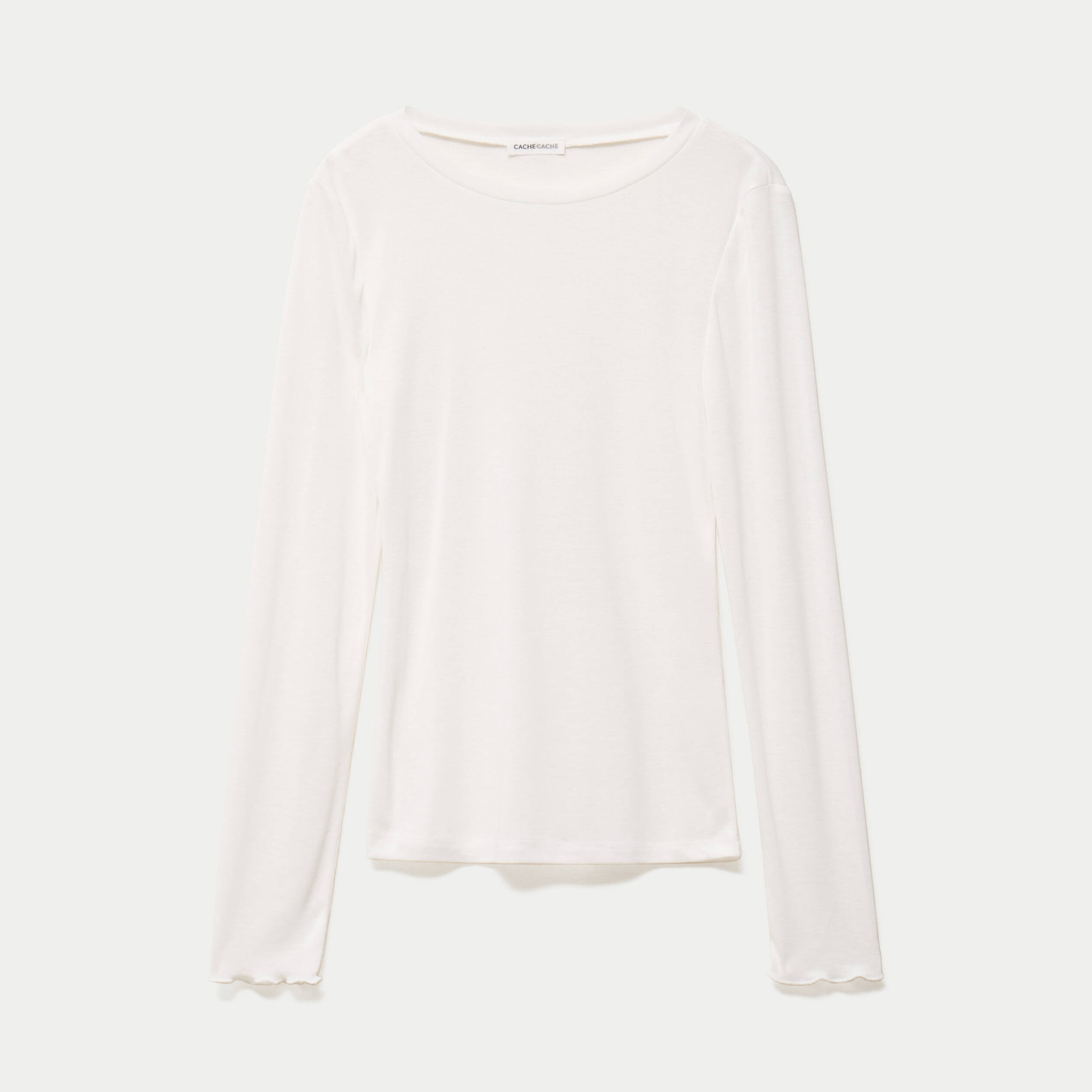 T-shirt ajust&eacute; col rond manches longues ecru femme