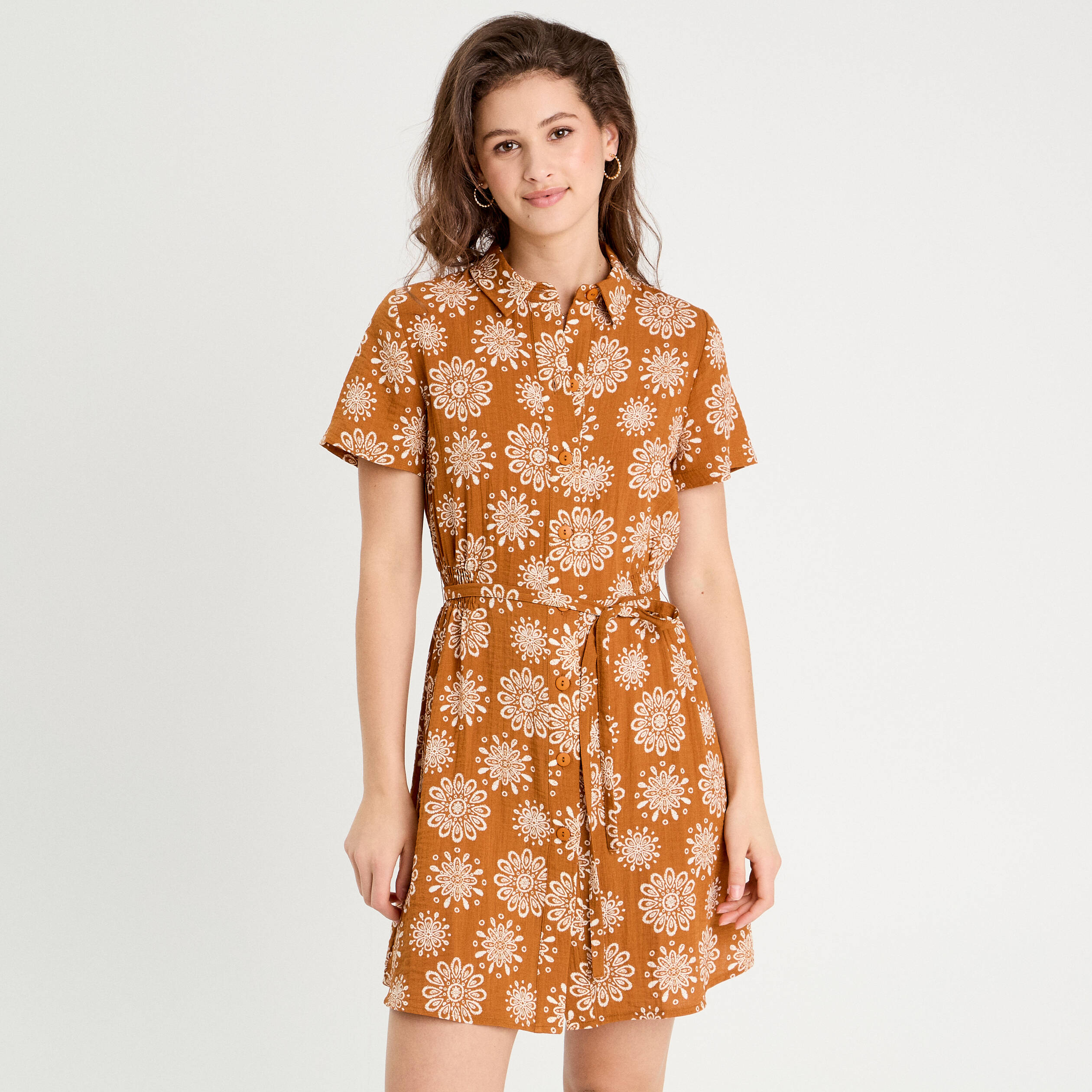 Robe chemise droite camel femme