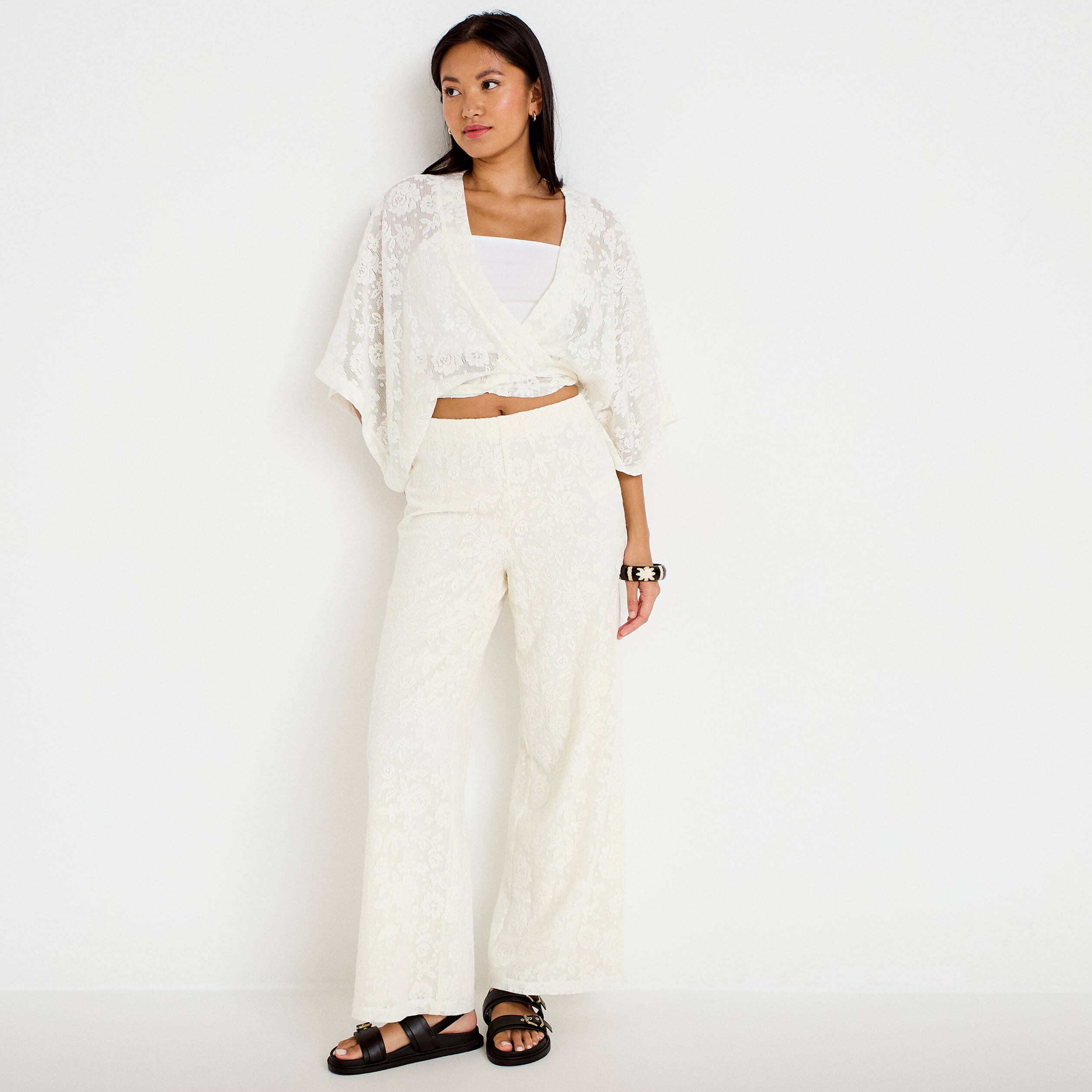 Pantalon large taille haute ecru femme