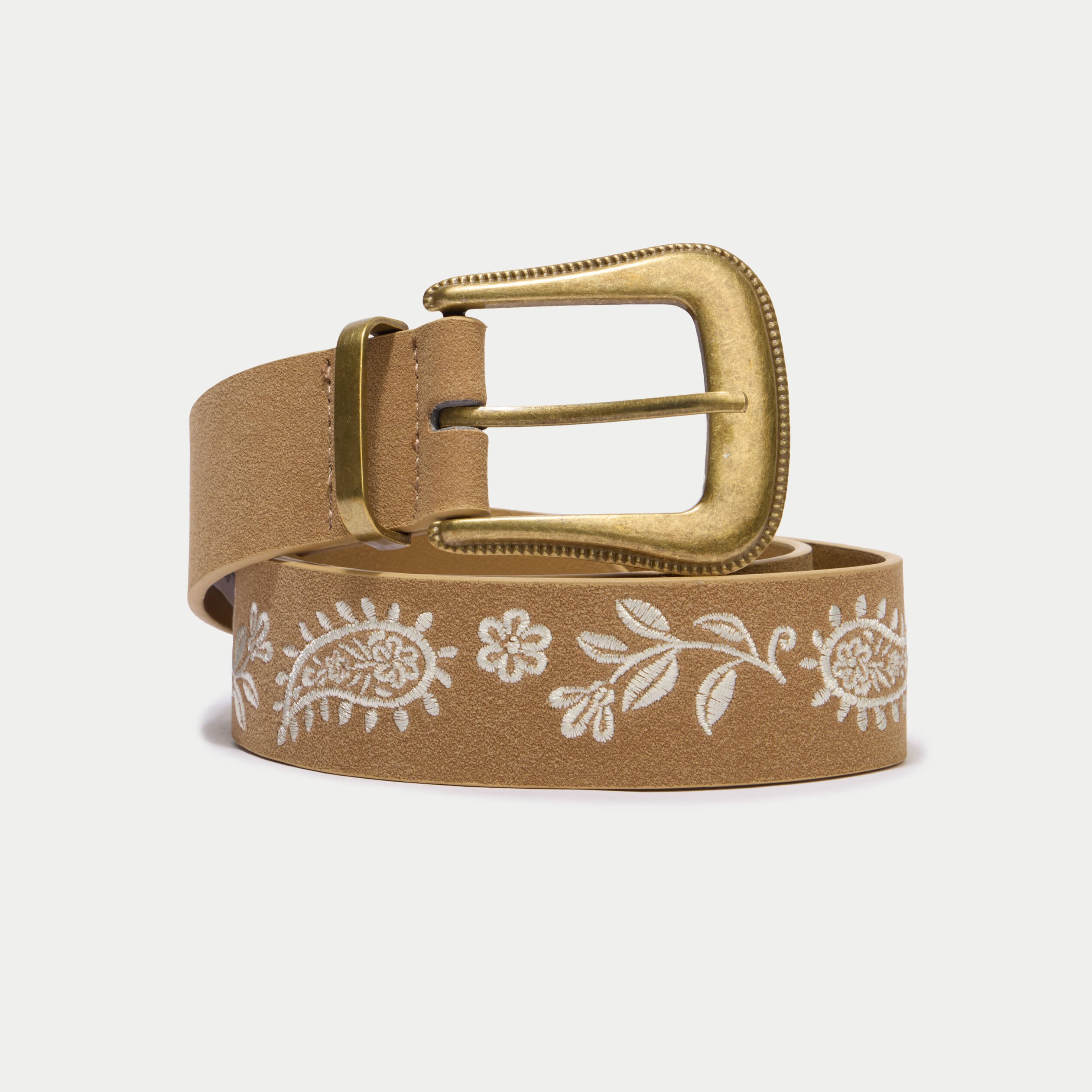 Ceinture large aspect daim broderie beige femme