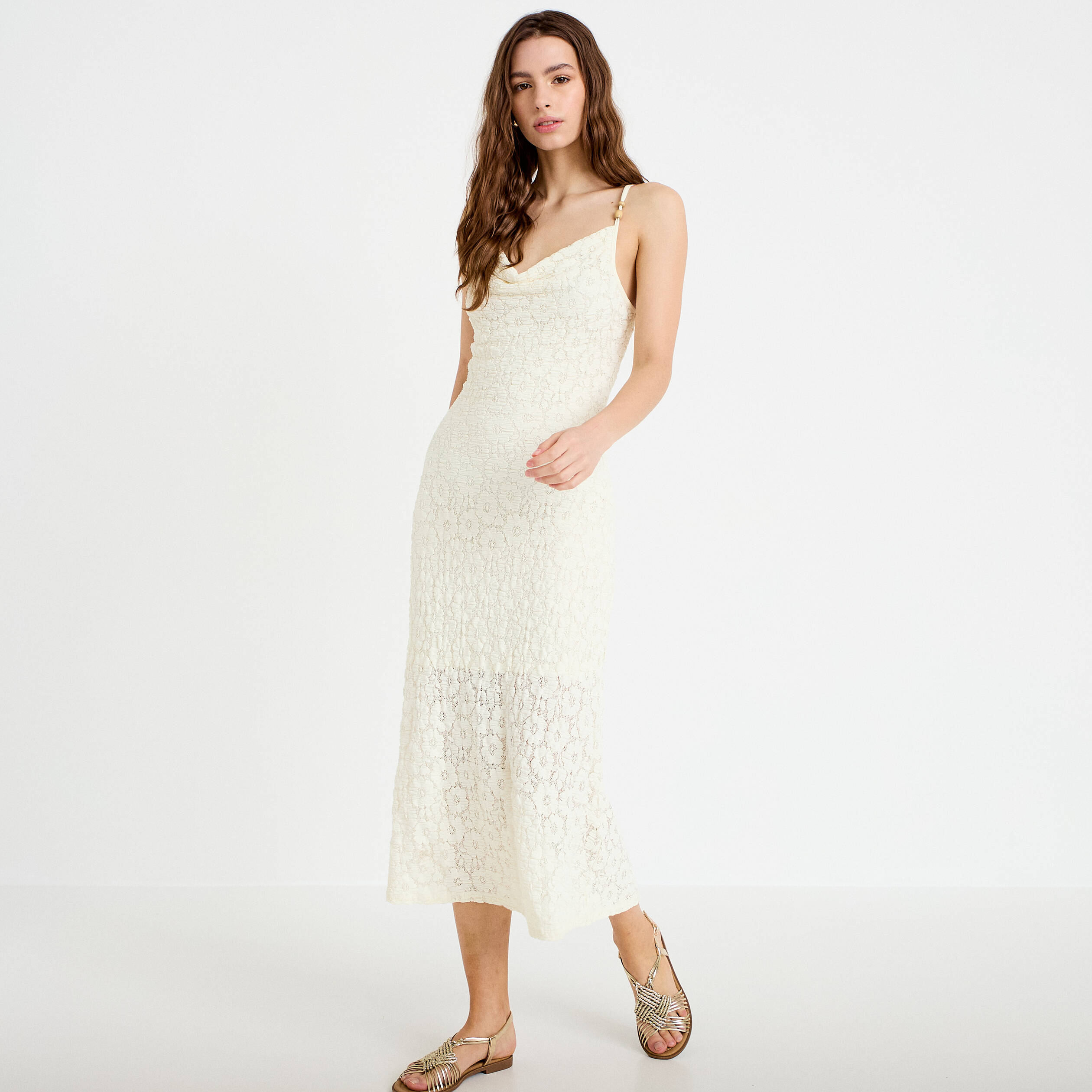Robe longue droite en maille ecru femme
