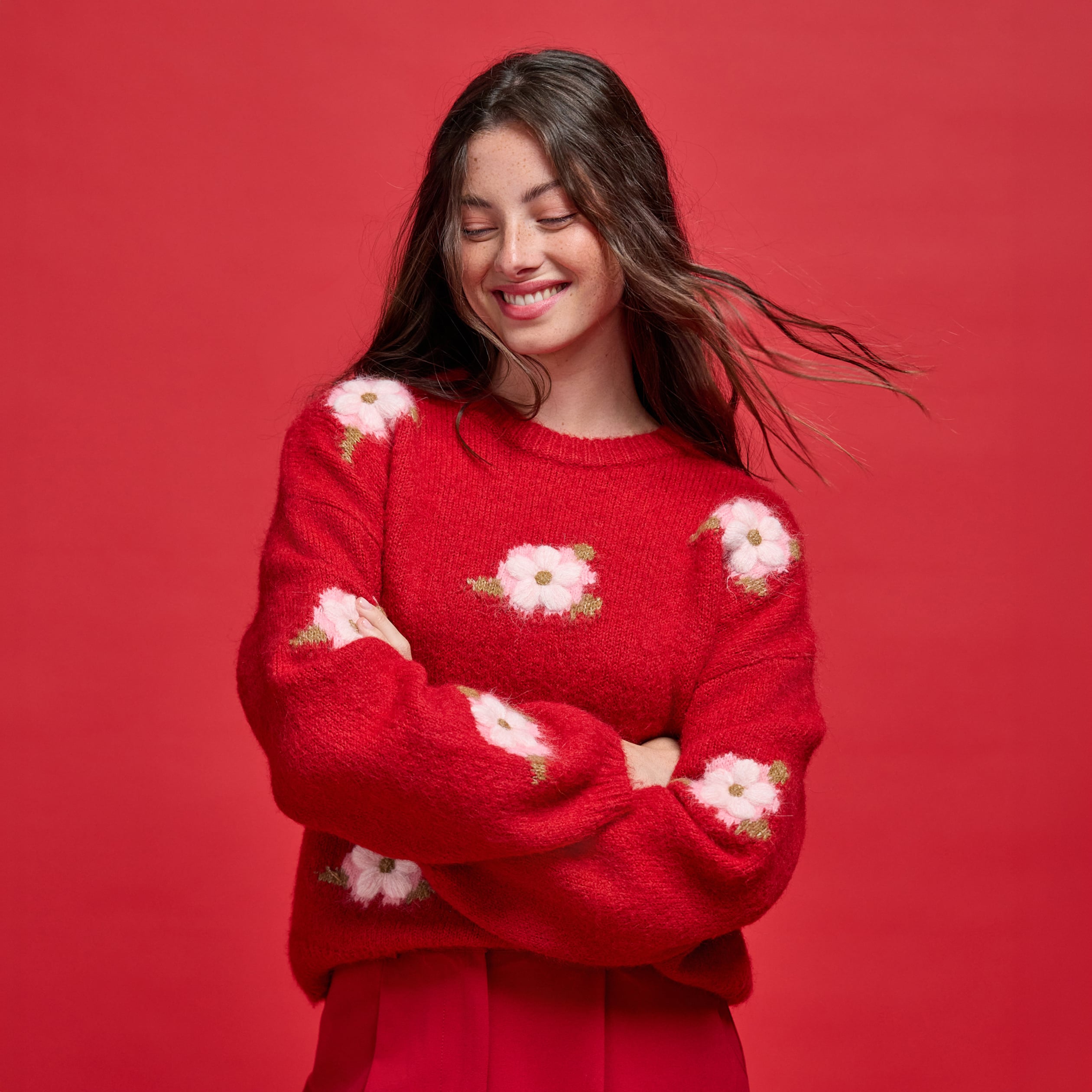 Pull ample col rond manches longues rouge femme
