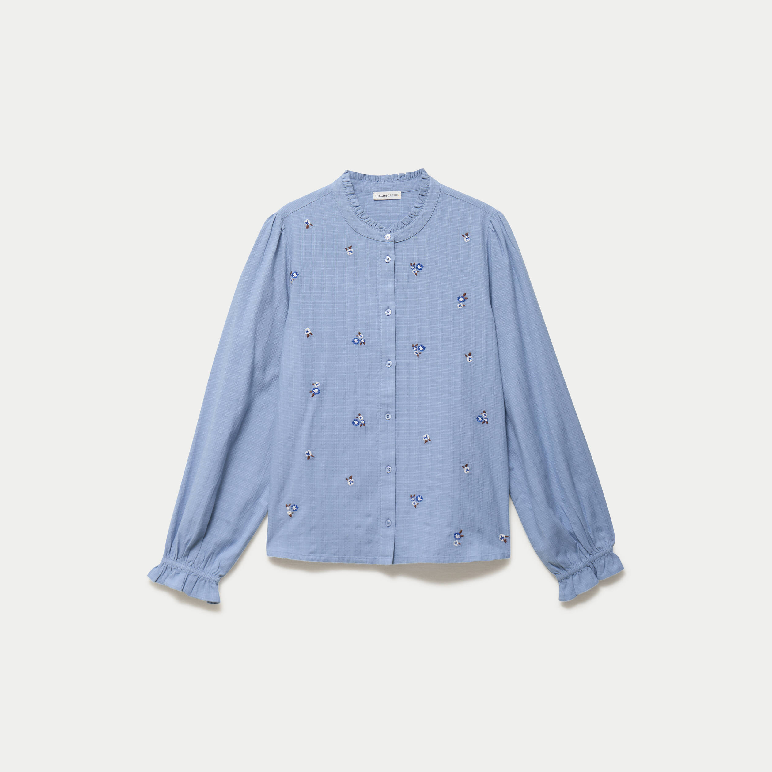 Blouse droite courte broderie bleu femme
