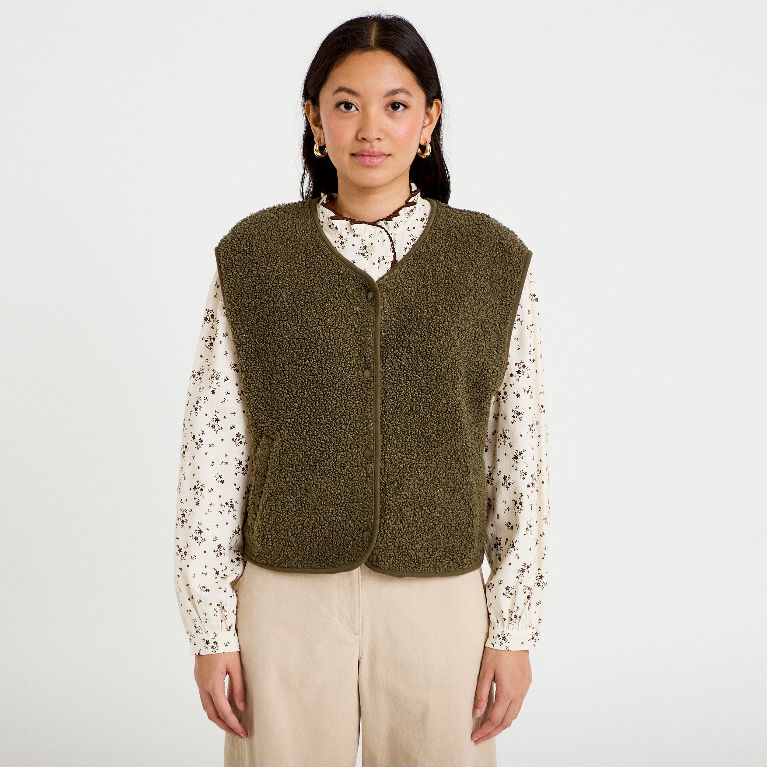 Gilet sans manches effet polaire vert kaki femme