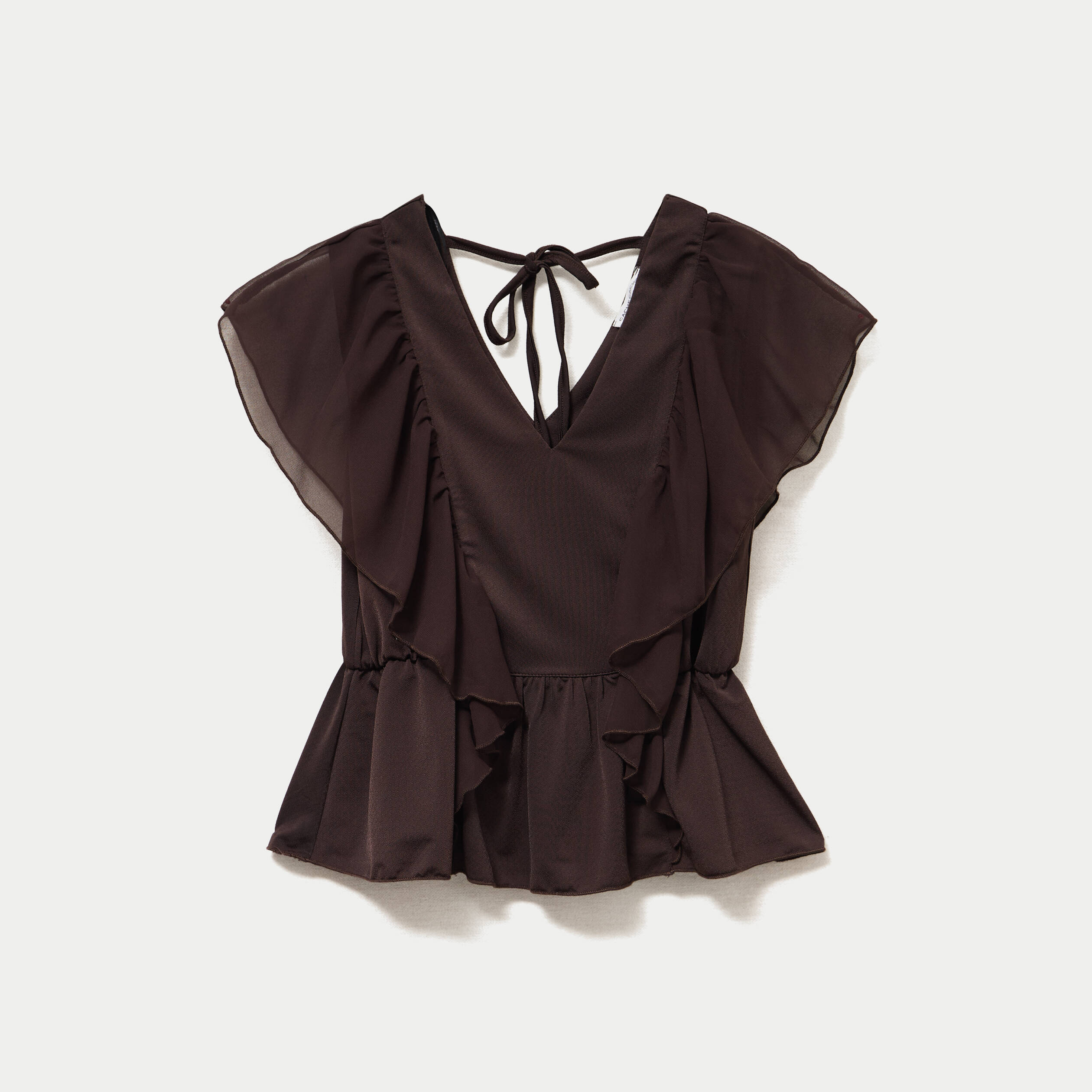 Blouse d&eacute;collet&eacute; voile manches courtes marron fonc&eacute; femme