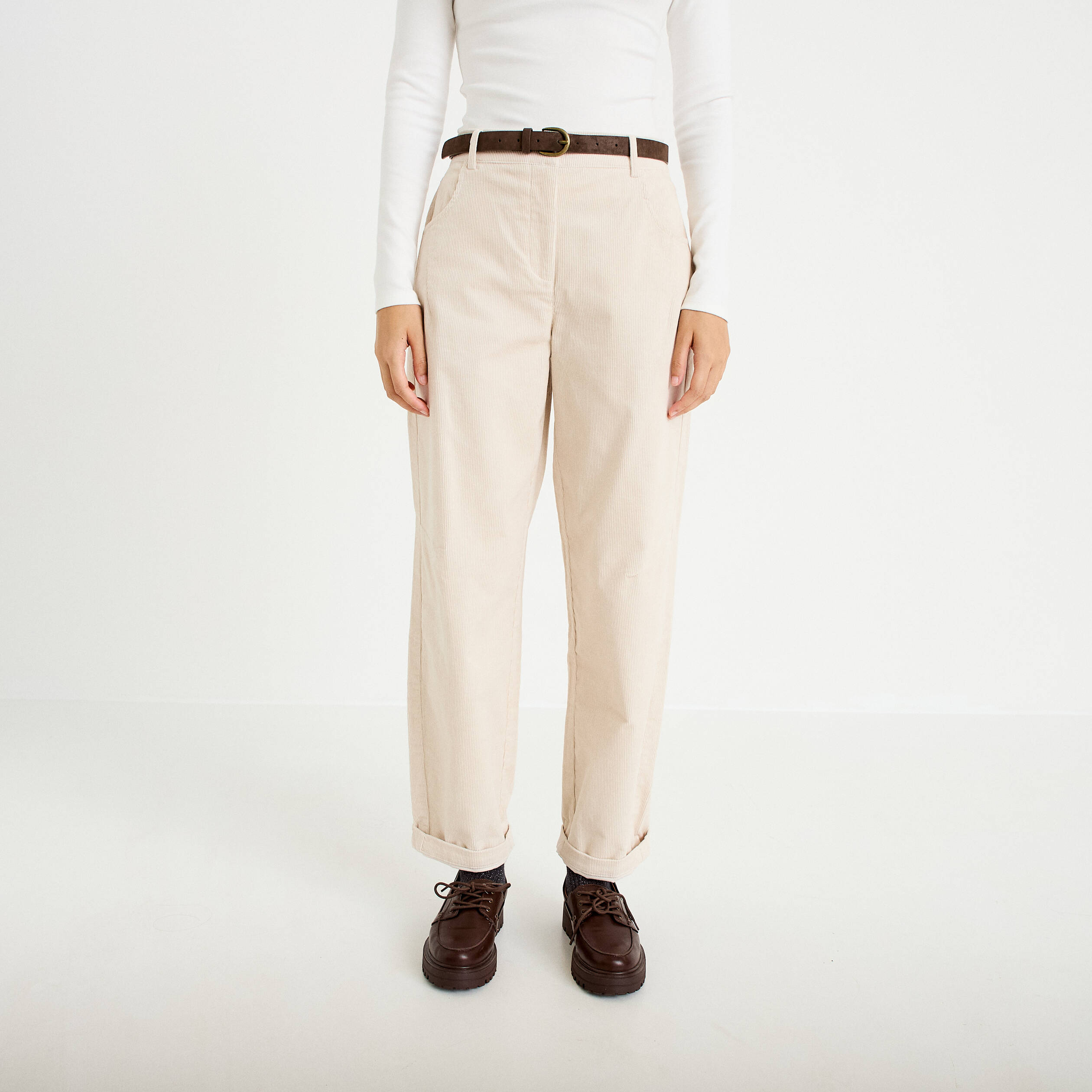 Pantalon barrel ceinture amovible ecru femme