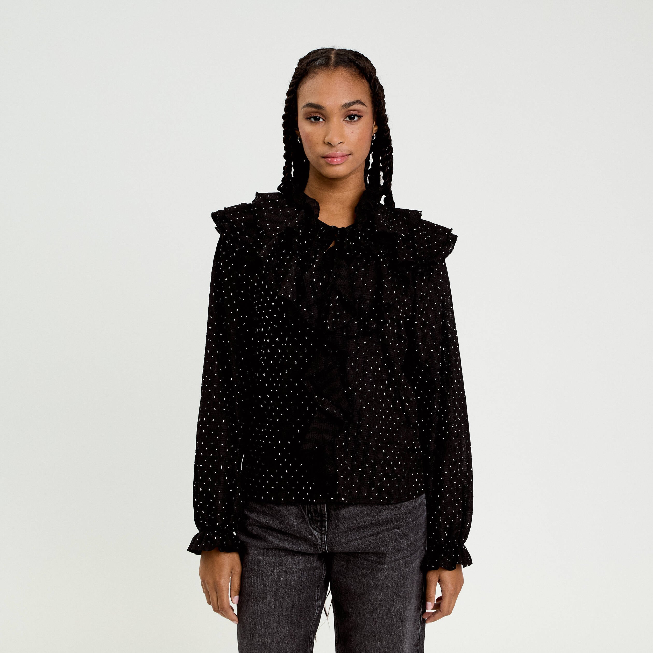 Blouse &agrave; volants noir femme