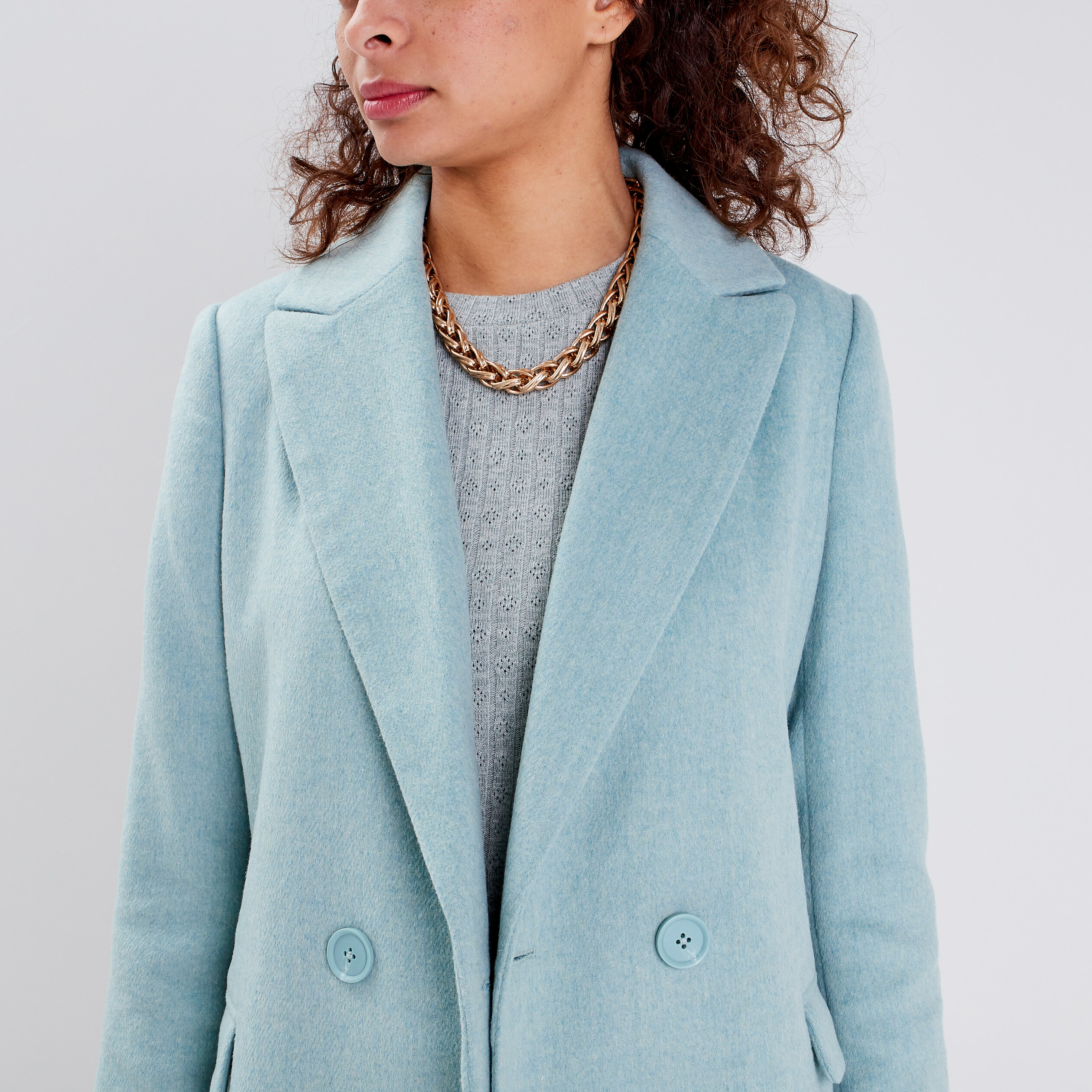 Manteau droit boutonné bleu turquoise femme