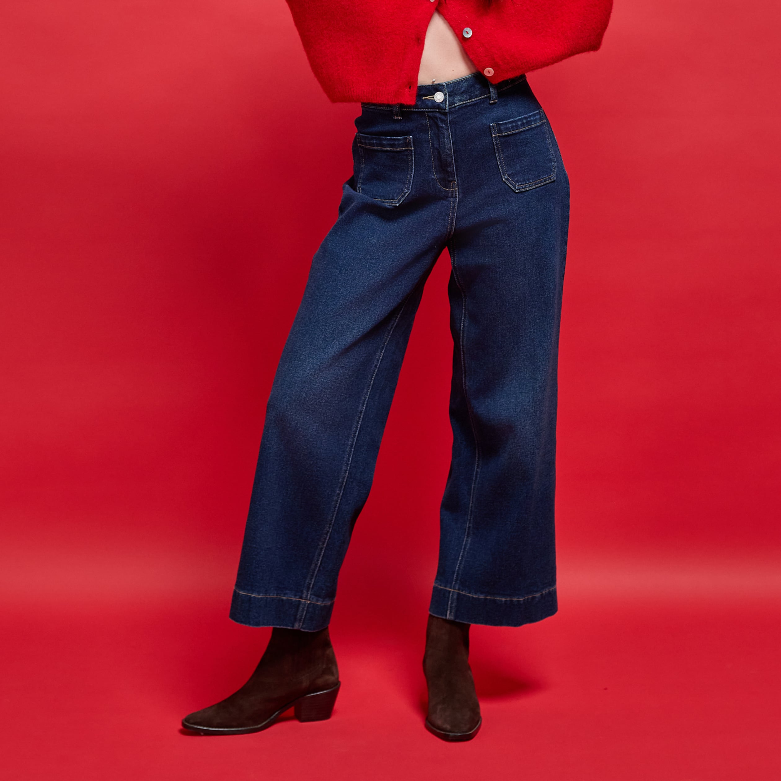 Jean wide leg cropped taille haute denim blue black femme