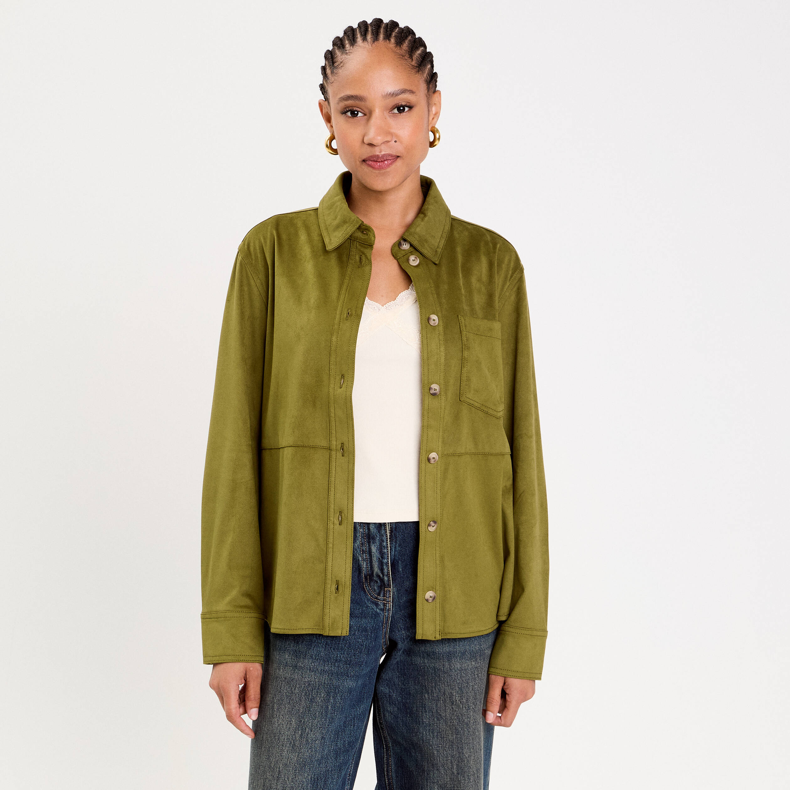 Chemise aspect daim vert olive femme