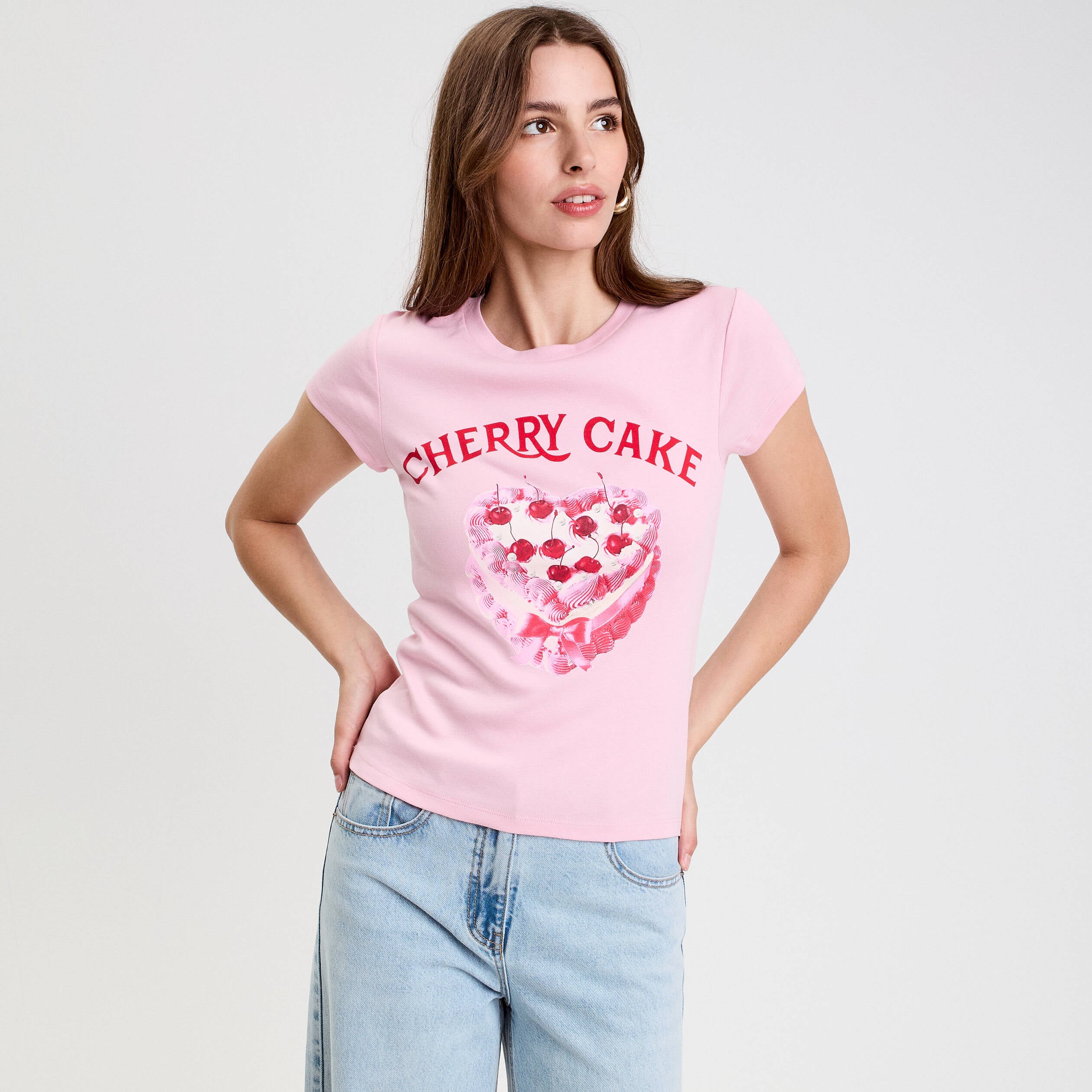 Top ajust&eacute; col rond manches courtes rose poudr&eacute;e femme