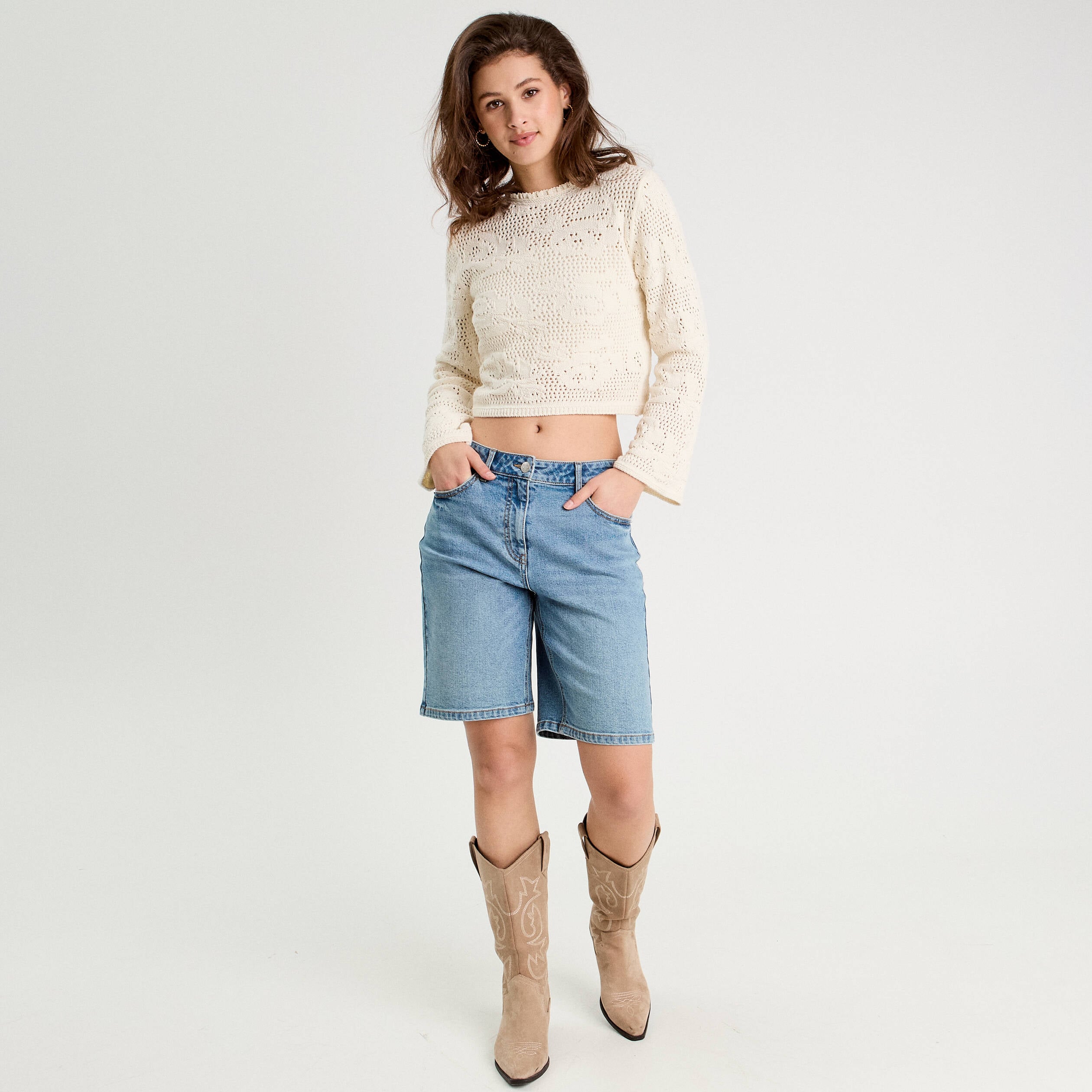 Pull ajour&eacute; manches longues ecru femme