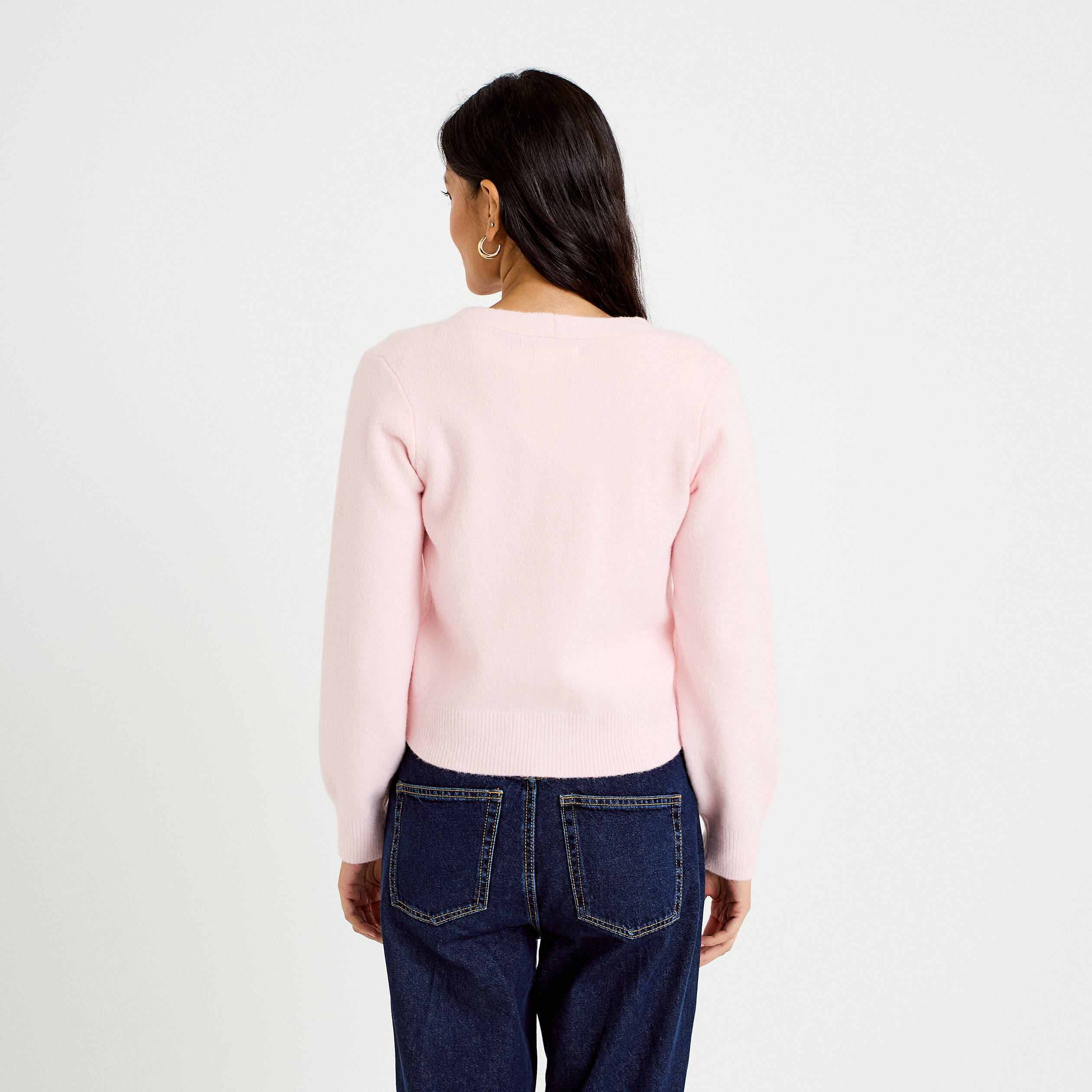 Gilet col v broderie manches longues rose clair femme