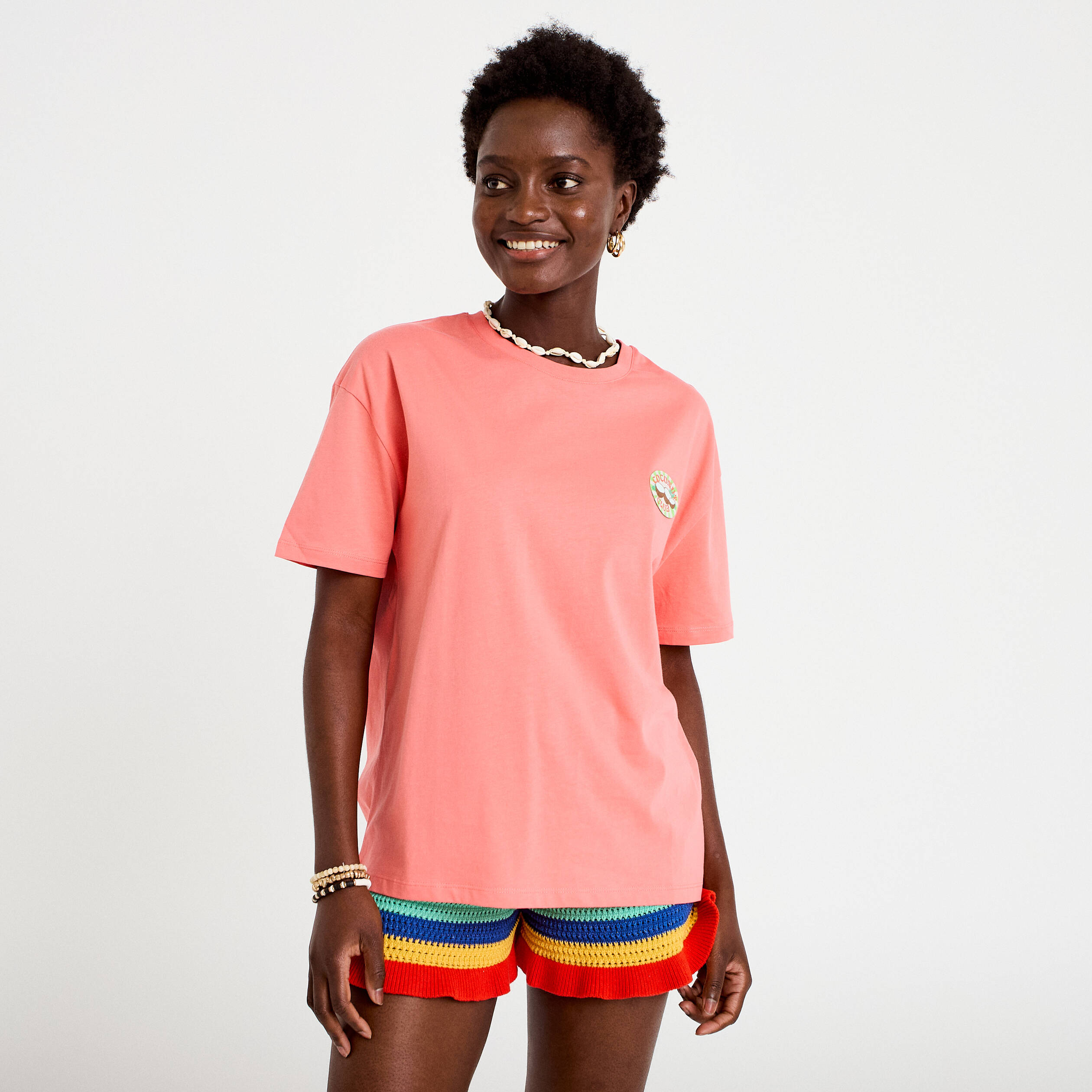 T-shirt oversize manches courtes rose corail femme