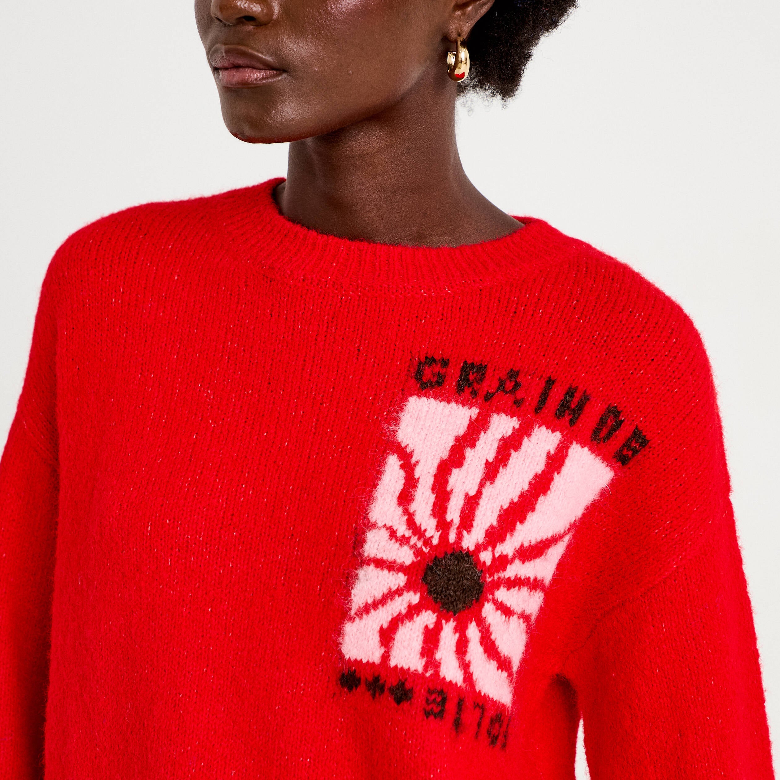 Pull ample col rond manches longues rouge femme