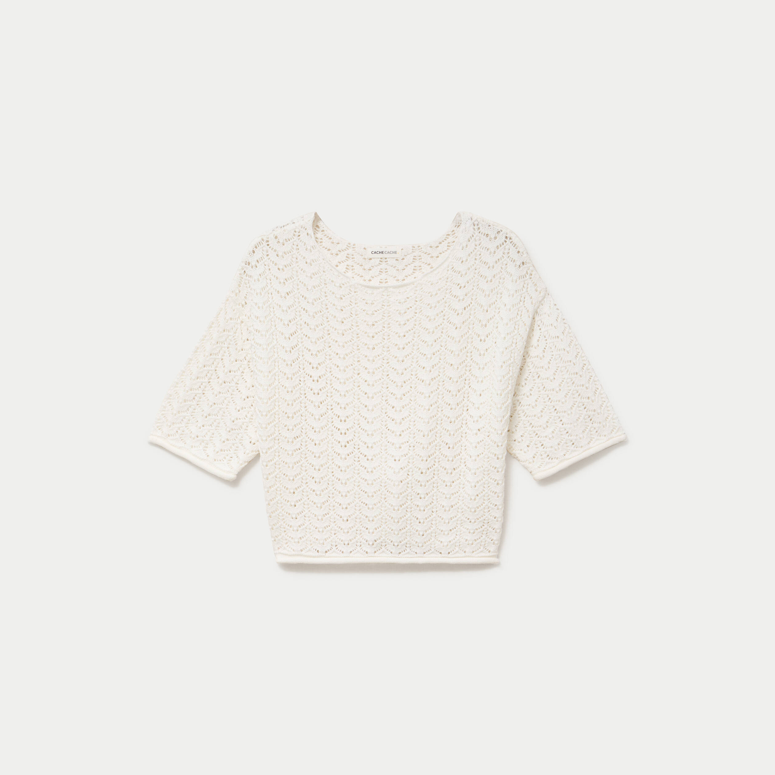 Pull ajour&eacute; aspect dentelle col rond ecru femme