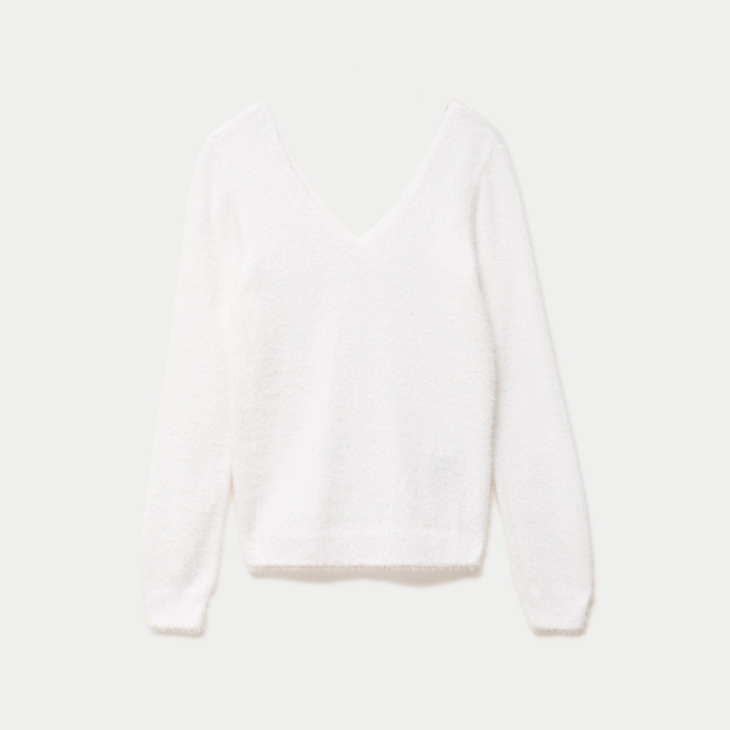 Pull col v manches longues ecru femme