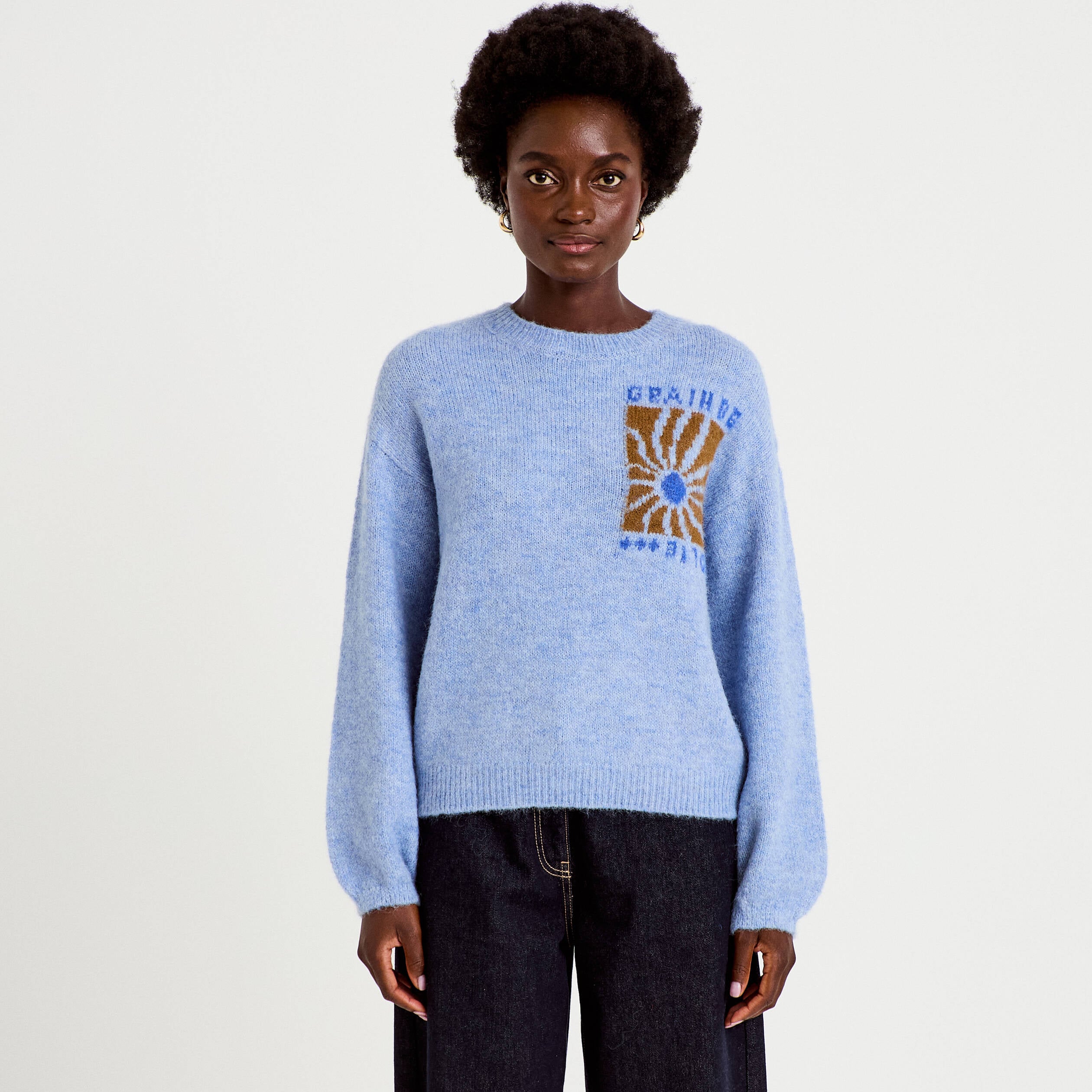 Pull ample col rond manches longues bleu ciel femme