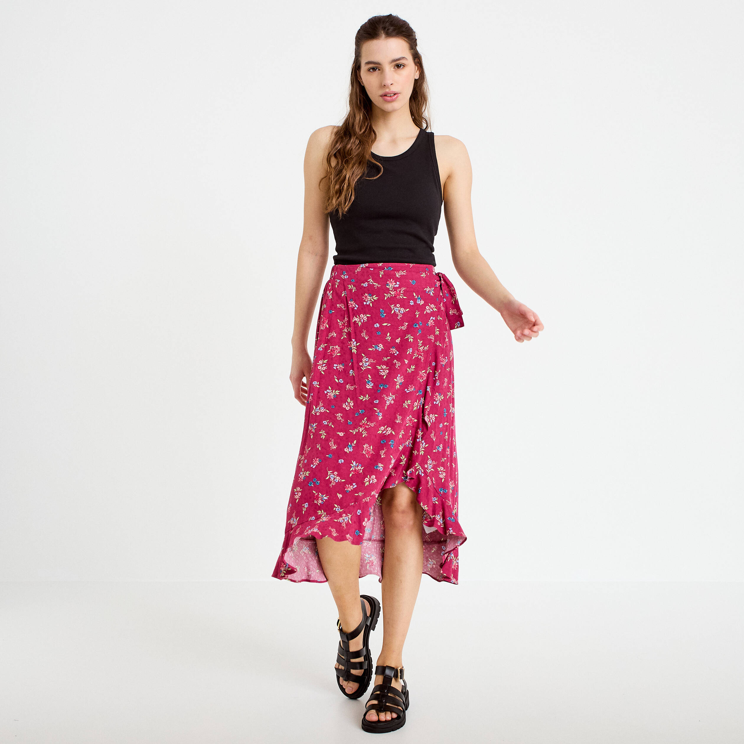 Jupe longue portefeuille rose framboise femme