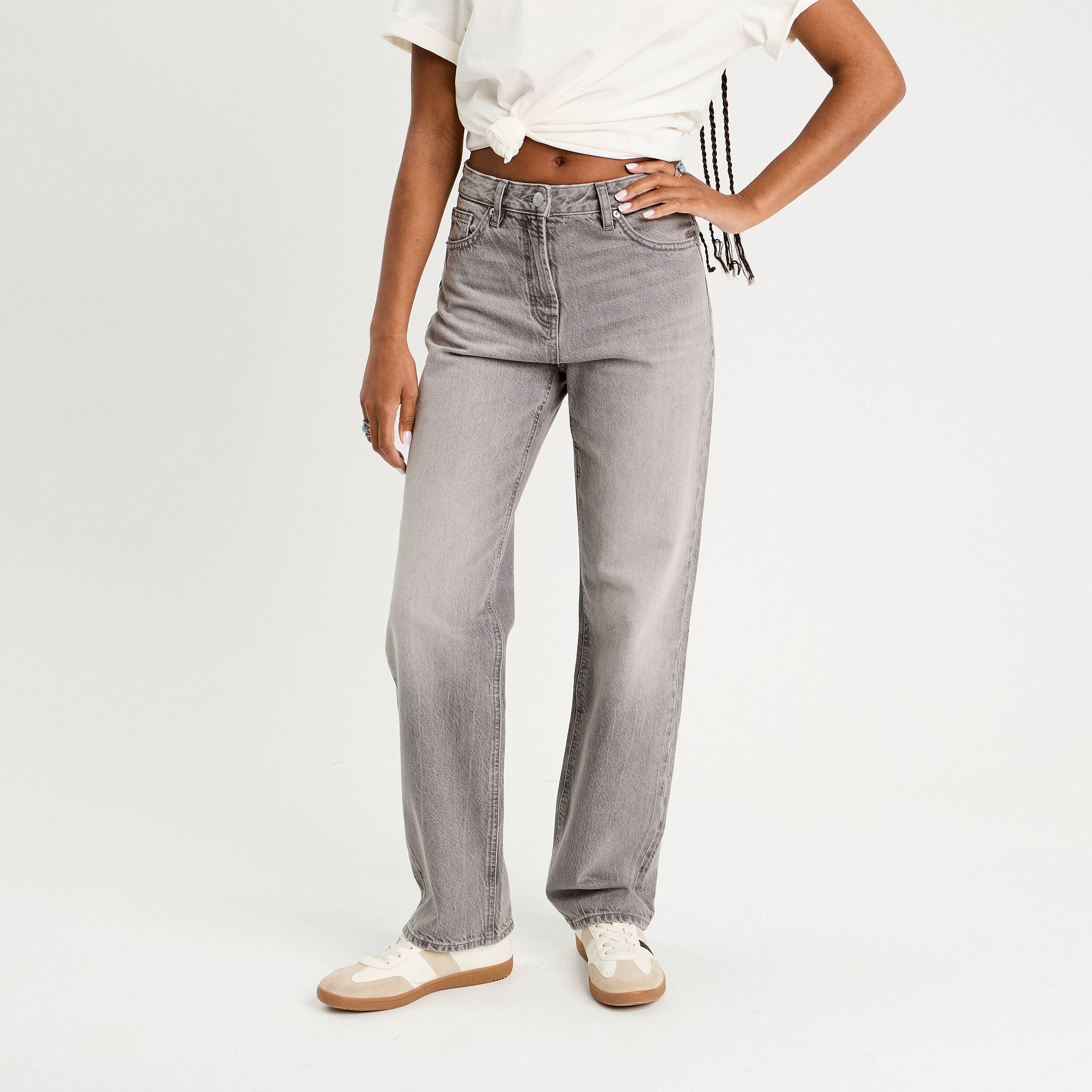 Jeans droit 5 poches denim gris femme