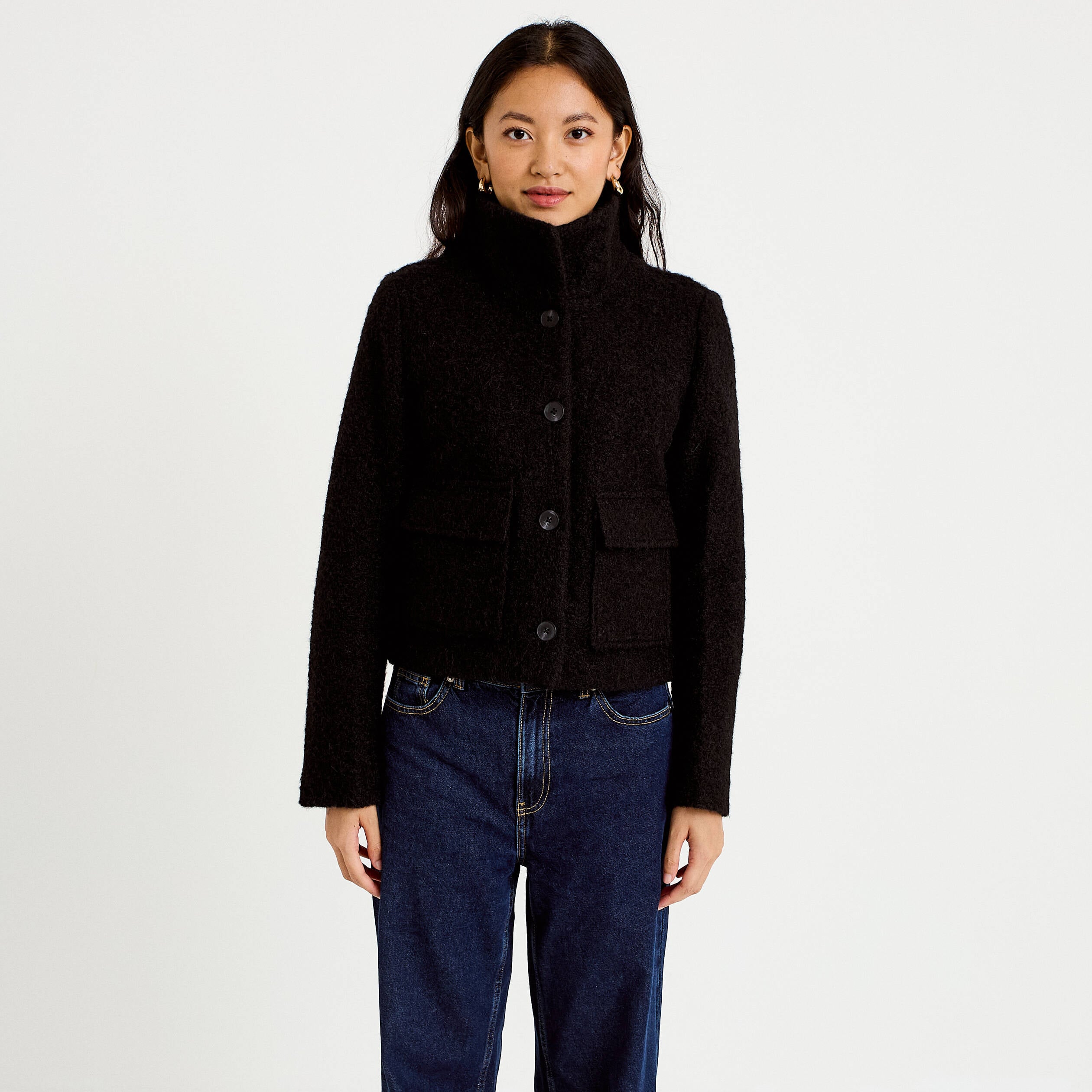 Veste droite bouclette col montant noir femme