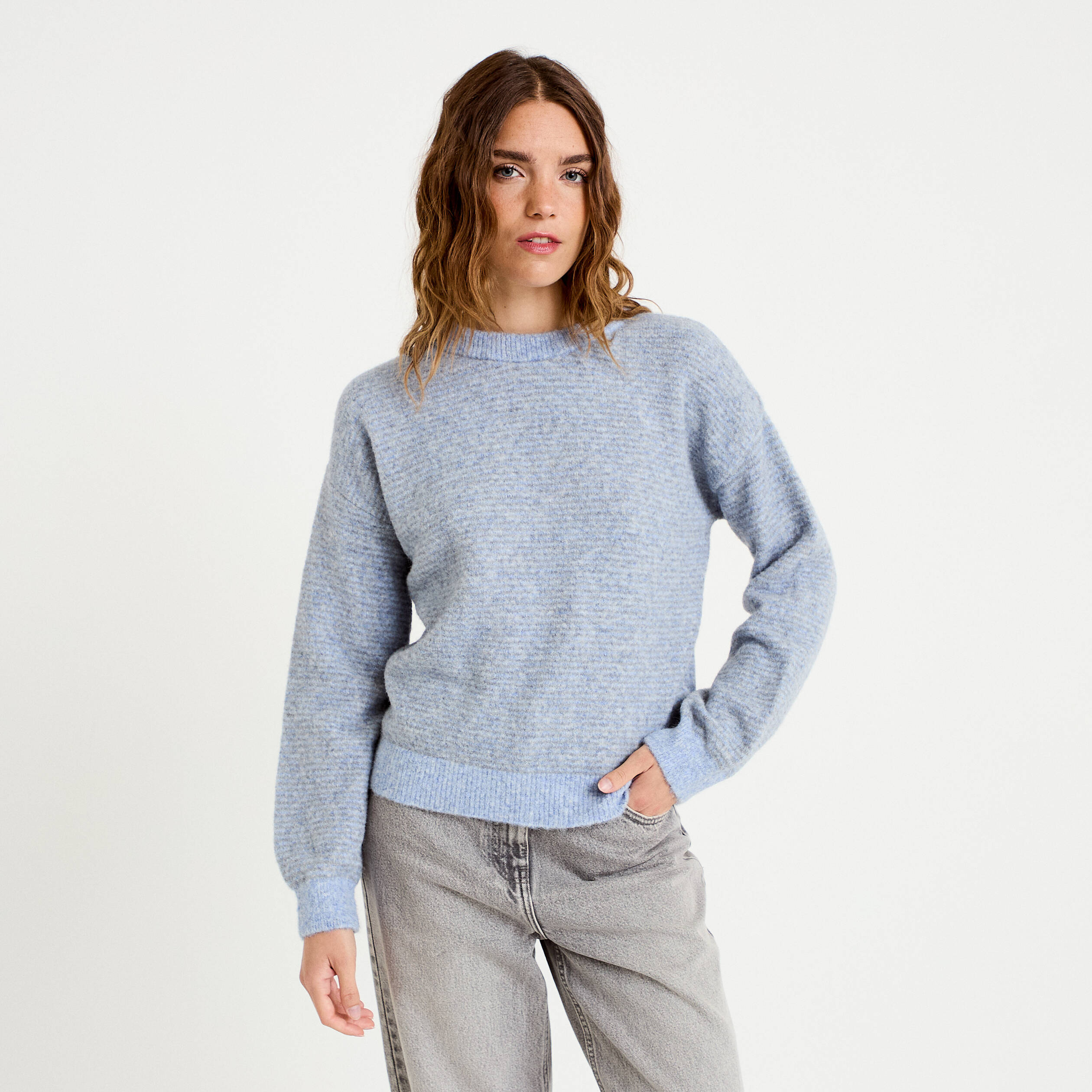 Pull ample col rond manches longues gris femme
