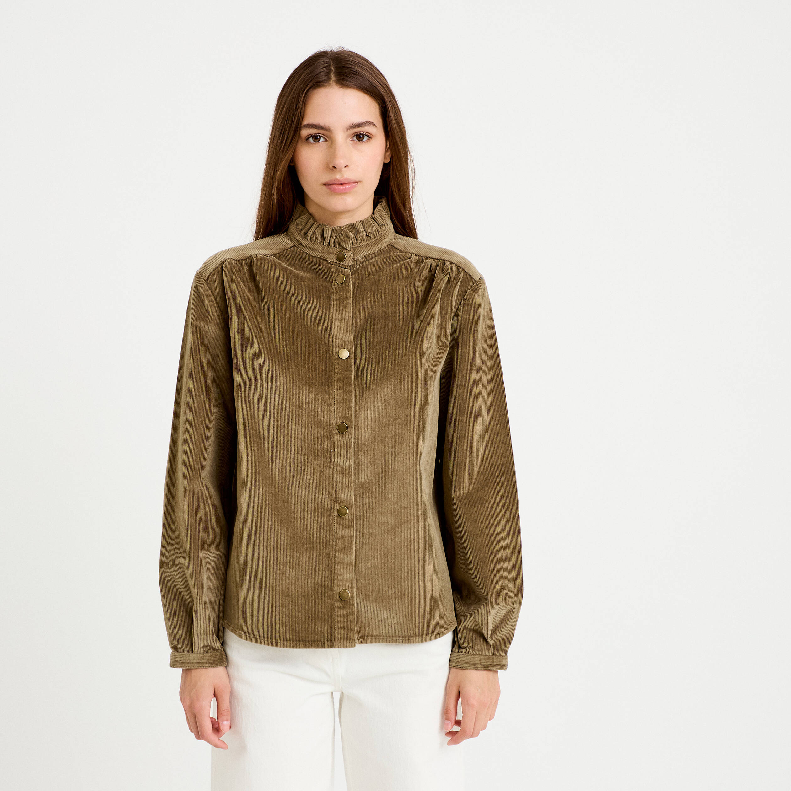Chemise droite velours col montant vert kaki femme